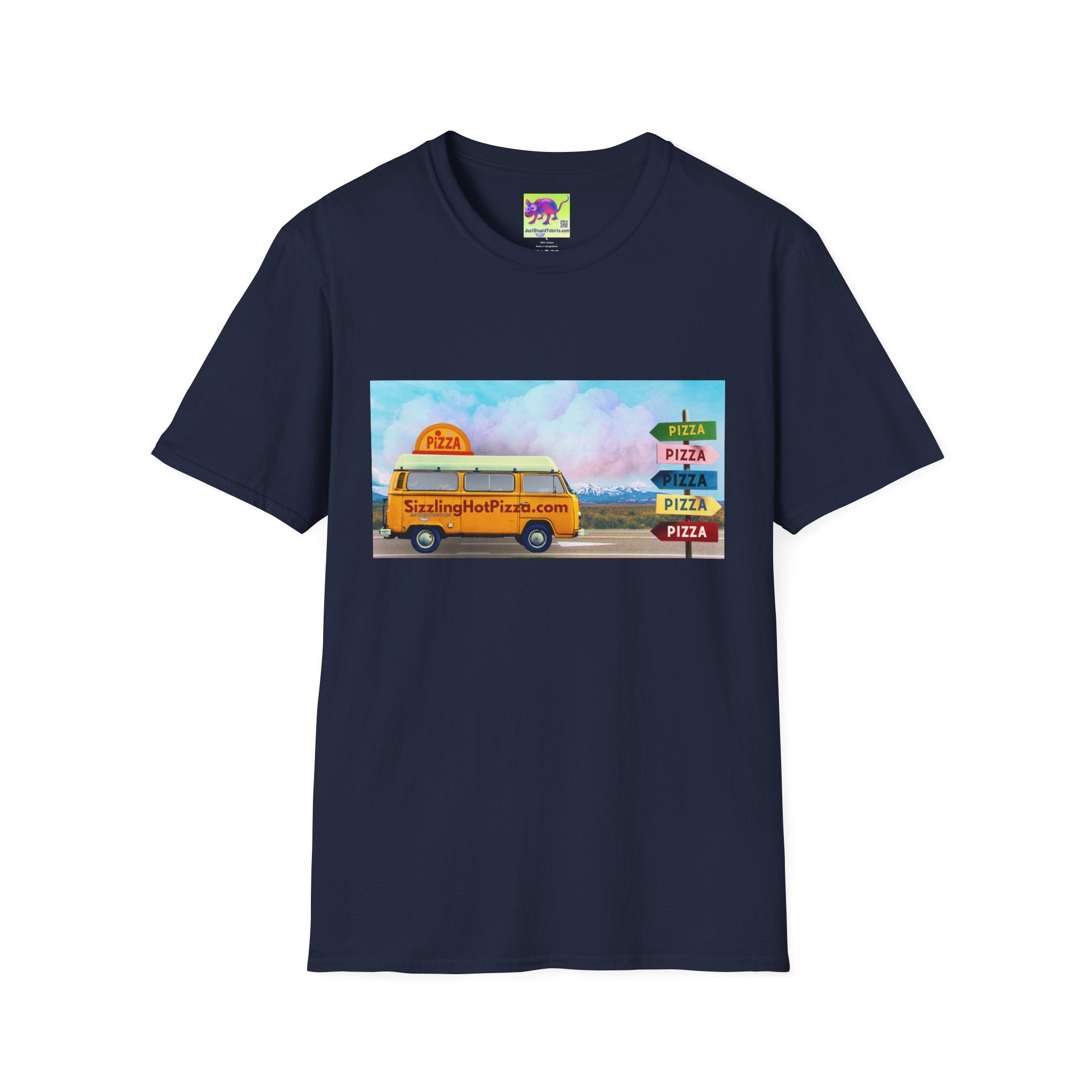 Pizza Food Truck T-Shirt — 'SizzlingHotPizza.com' Retro Van Design