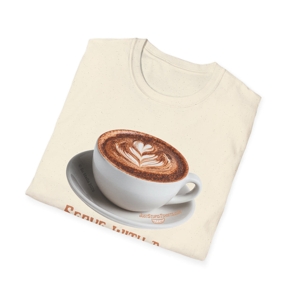 'Serve With a Juicy Piece of Gossip' Coffee Cup T‑Shirt — Funny Coffee Lover Tee