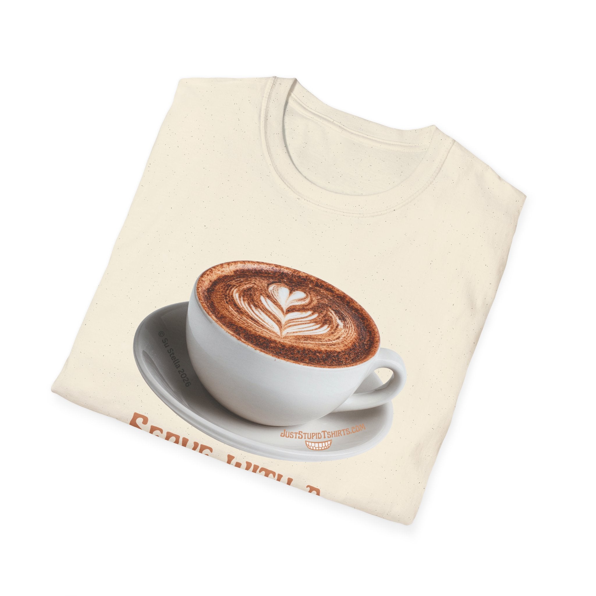 'Serve With a Juicy Piece of Gossip' Coffee Cup T‑Shirt — Funny Coffee Lover Tee