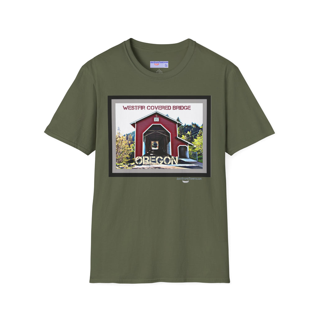 Westfir Covered Bridge Oregon T‑Shirt — Scenic Vintage Bridge Graphic Tee- Office Covered Bridge- Westfir, Oregon