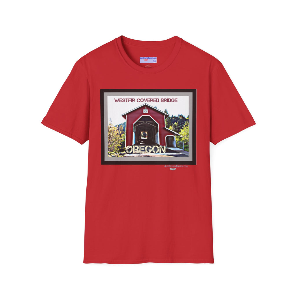 Westfir Covered Bridge Oregon T‑Shirt — Scenic Vintage Bridge Graphic Tee- Office Covered Bridge- Westfir, Oregon