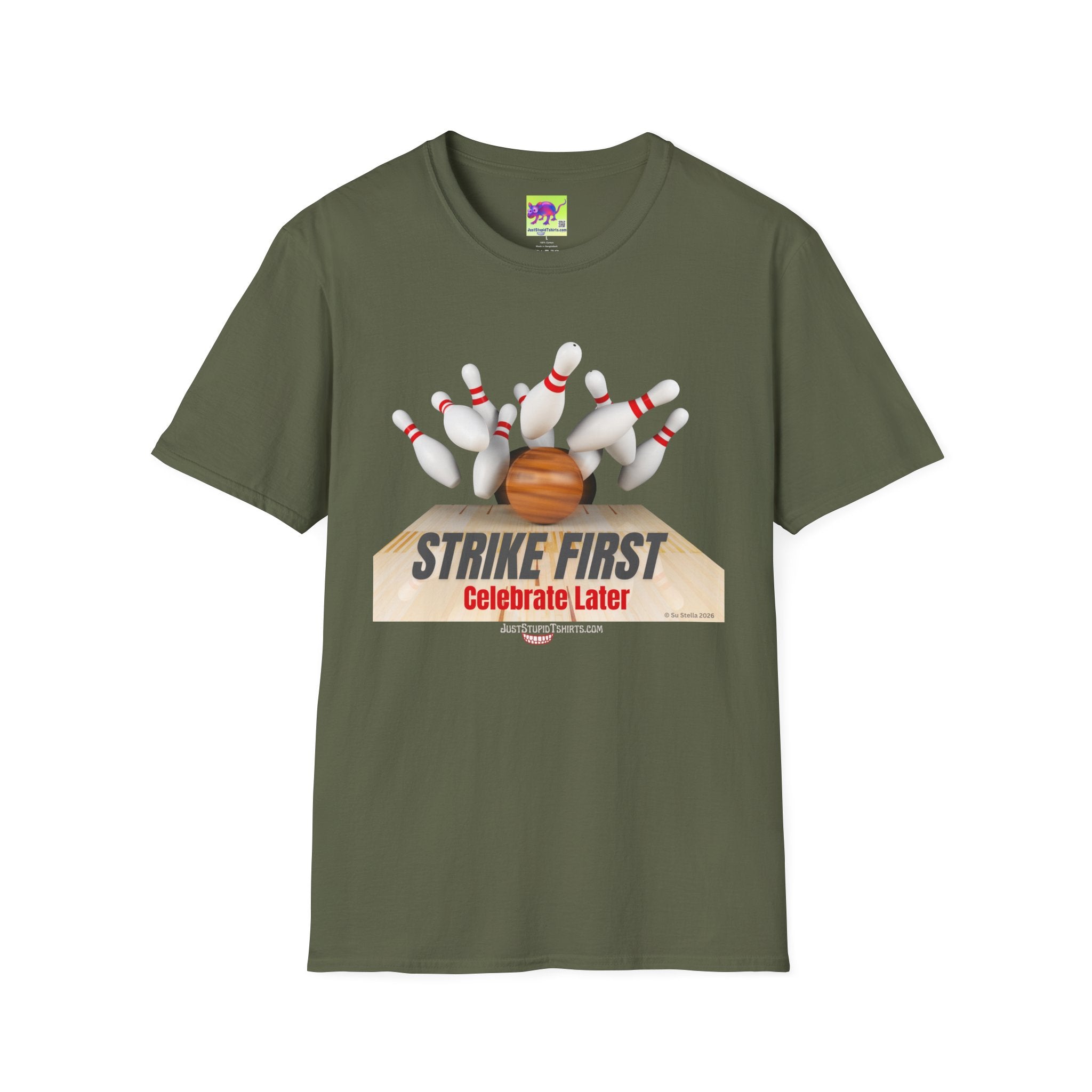 "Strike First, Celebrate Later" Bowling T-Shirt — Graphic Tee