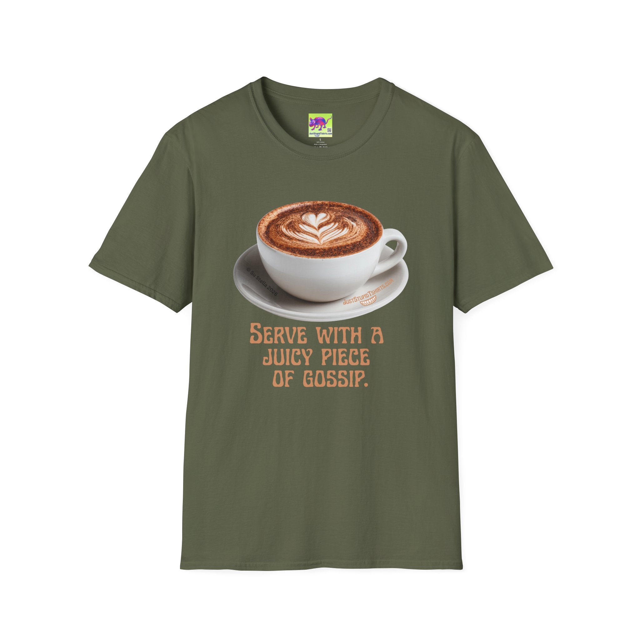 'Serve With a Juicy Piece of Gossip' Coffee Cup T‑Shirt — Funny Coffee Lover Tee