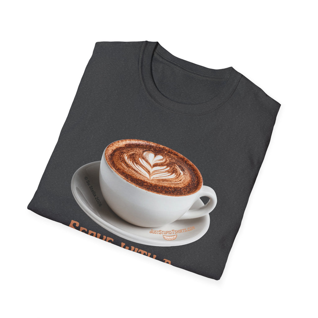 'Serve With a Juicy Piece of Gossip' Coffee Cup T‑Shirt — Funny Coffee Lover Tee