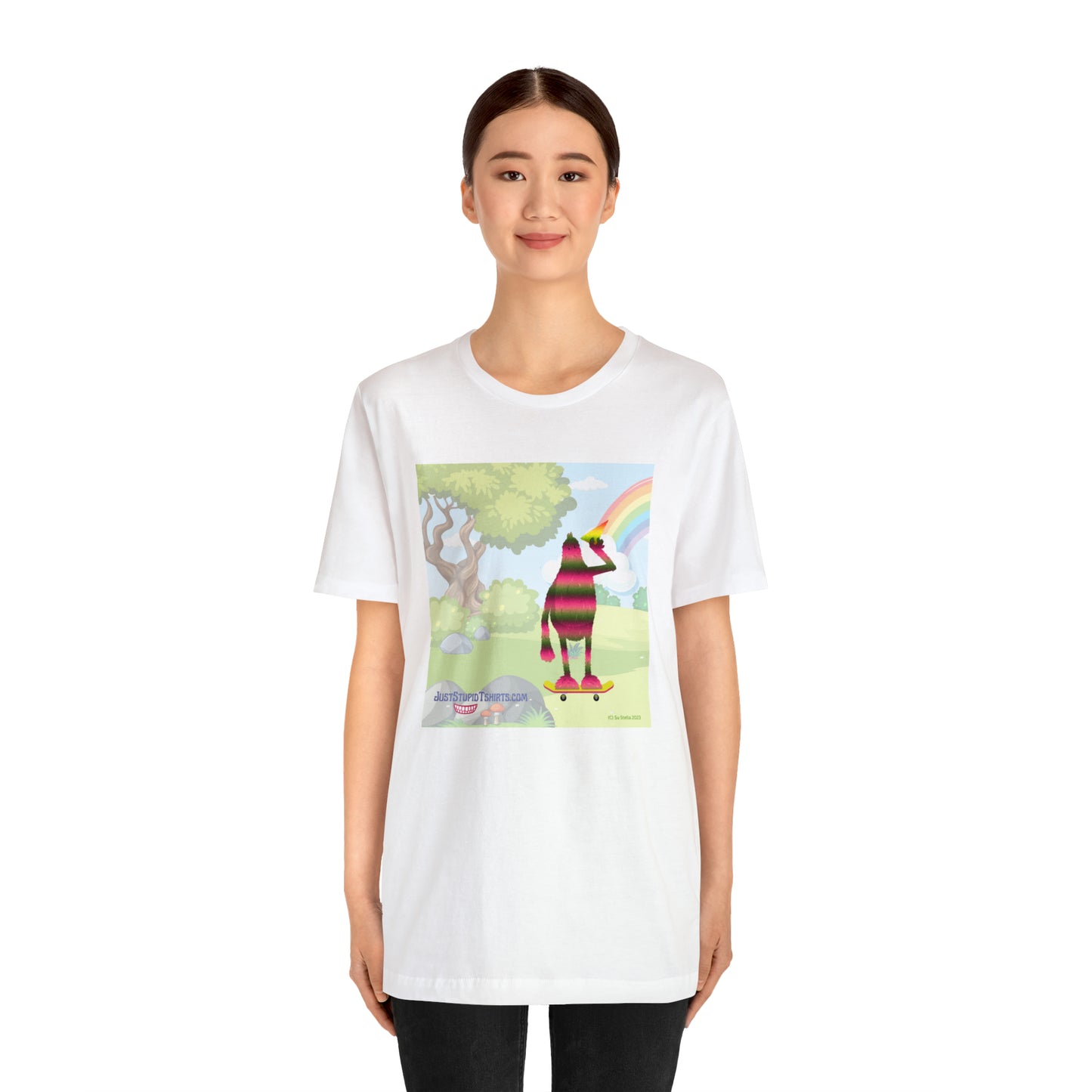 Rainbow Squatch on Skateboard- Unisex Jersey Short Sleeve Tee - Great Sasquatch gift- Yeti T Shirt, Big Foot Art