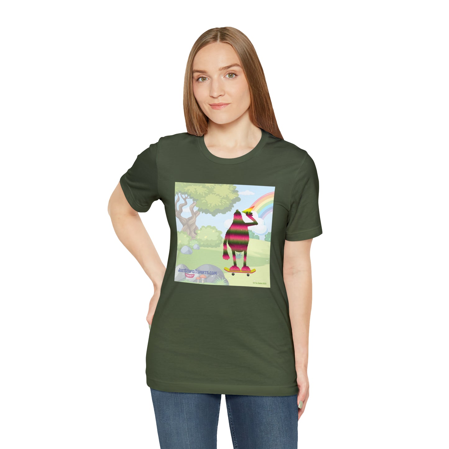 Rainbow Squatch on Skateboard- Unisex Jersey Short Sleeve Tee - Great Sasquatch gift- Yeti T Shirt, Big Foot Art