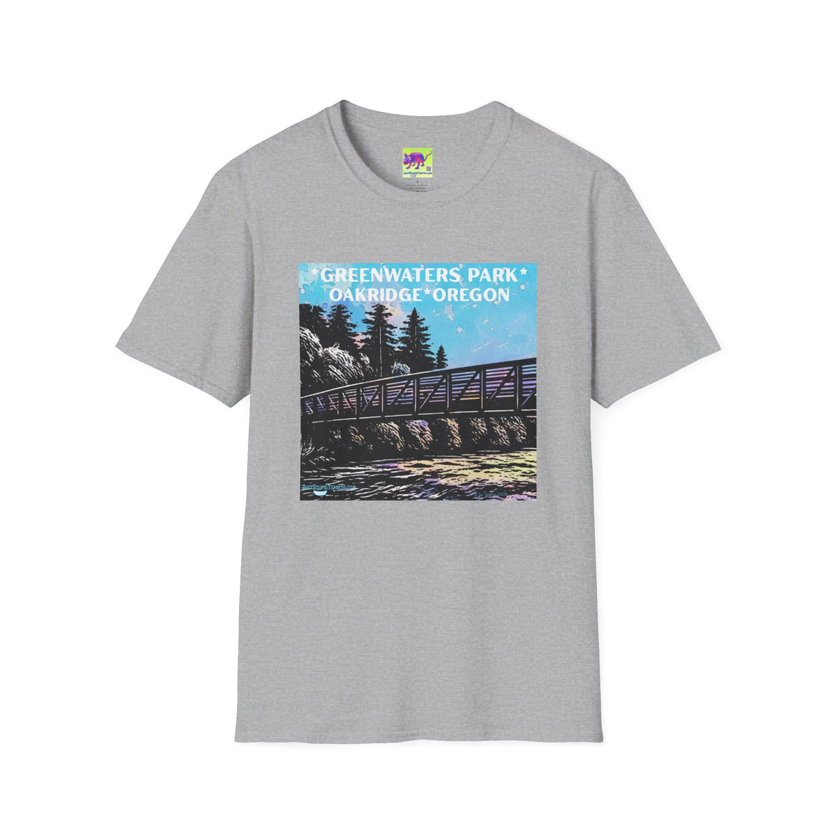 Greenwaters Park, Oakridge, Oregon -Lino cut style Unisex Soft style T-Shirt