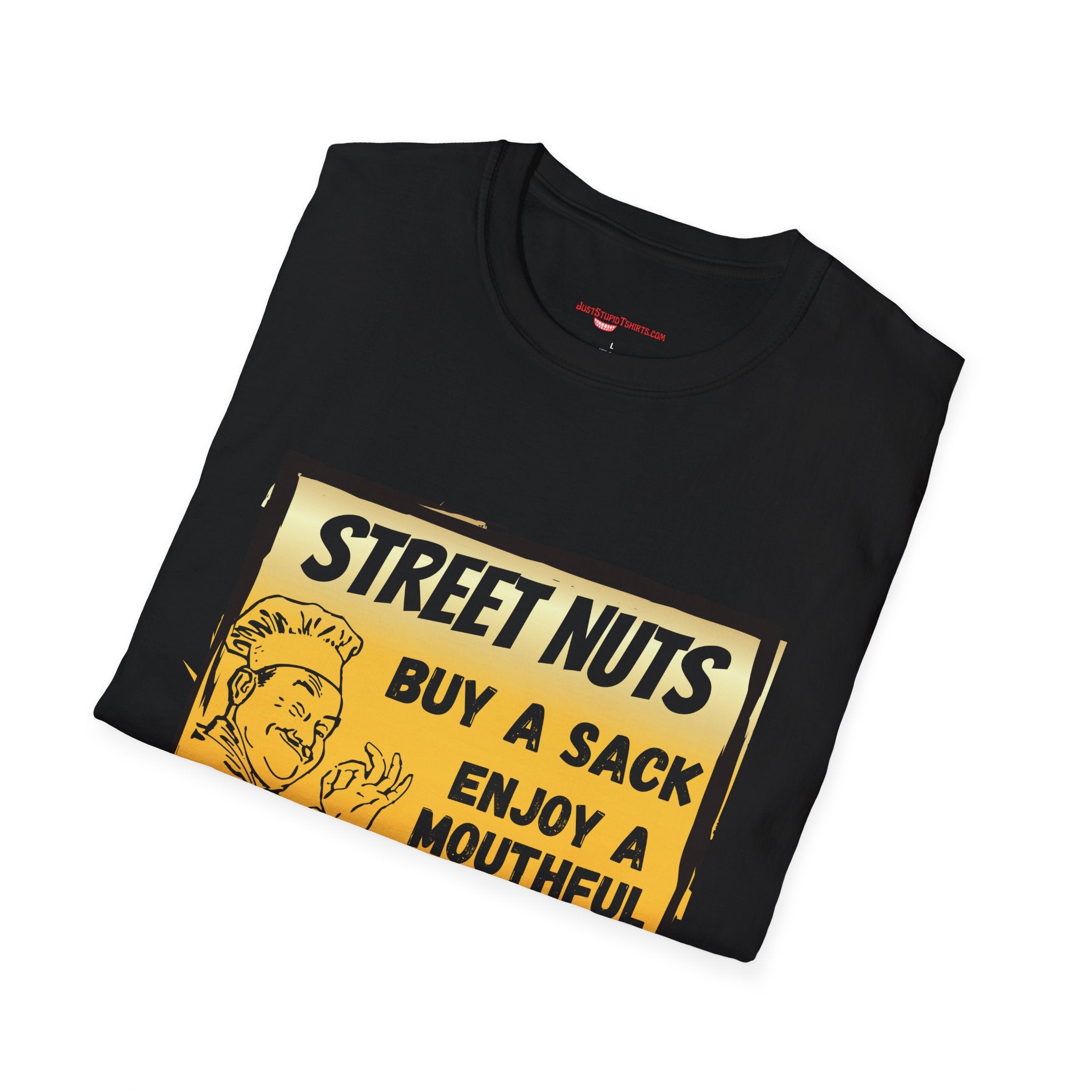 Street Nuts Vintage Snack Sign T-Shirt — "Buy a Sack, Enjoy a Mouthful" Retro Graphic Tee- grad gift, dad gift, fathers day laugh