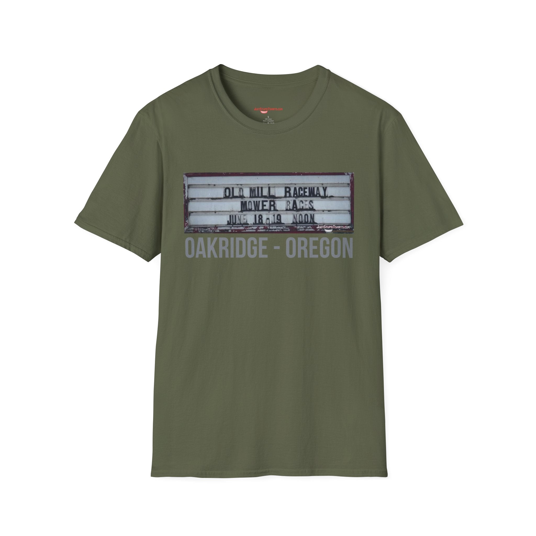 Oakridge Oregon Mower Races -Sign T-Shirt — Vintage Marquee Photo Tee on Highway 58