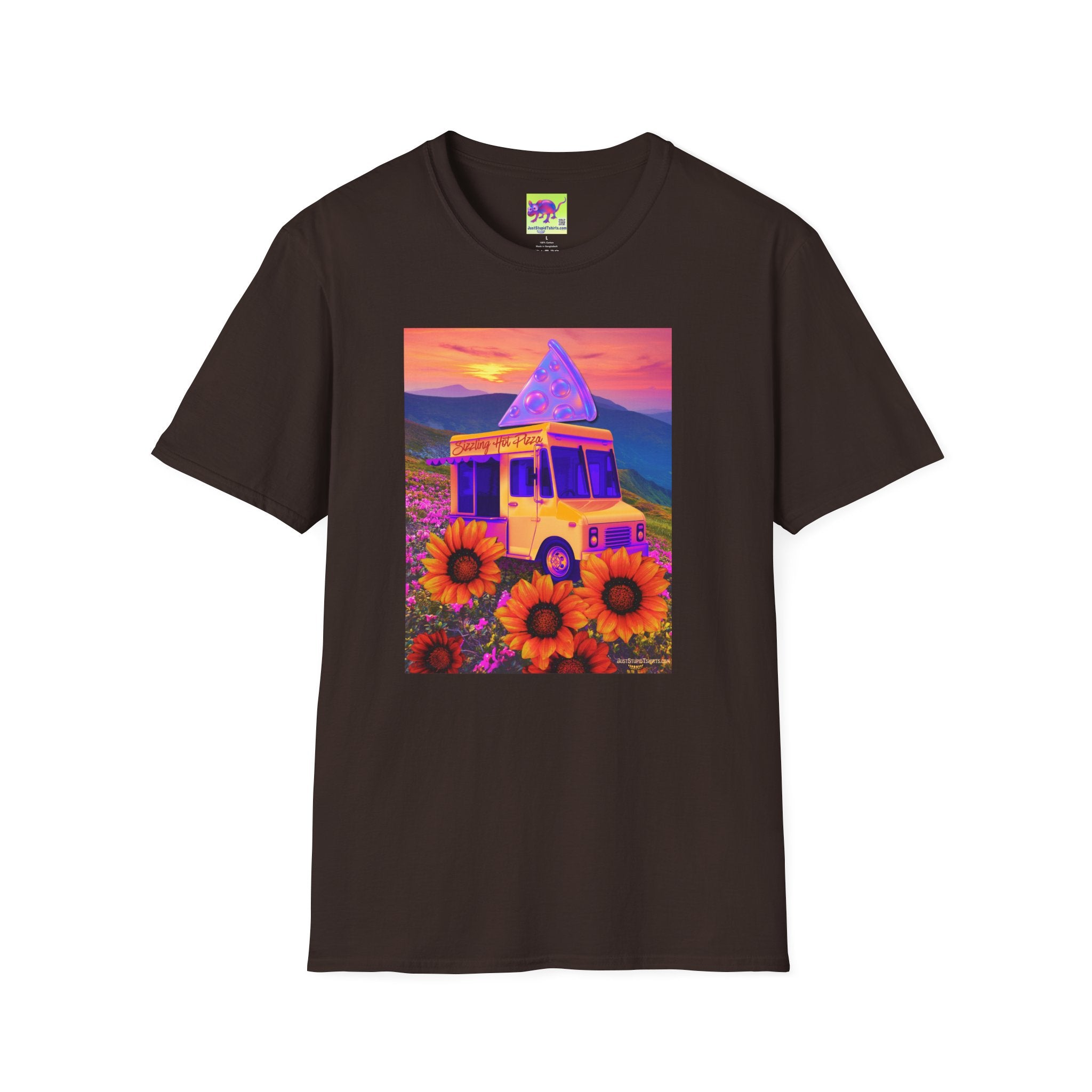 Fresh Hot Pizza Truck T-Shirt — Retro Sunset Floral Van Graphic Tee