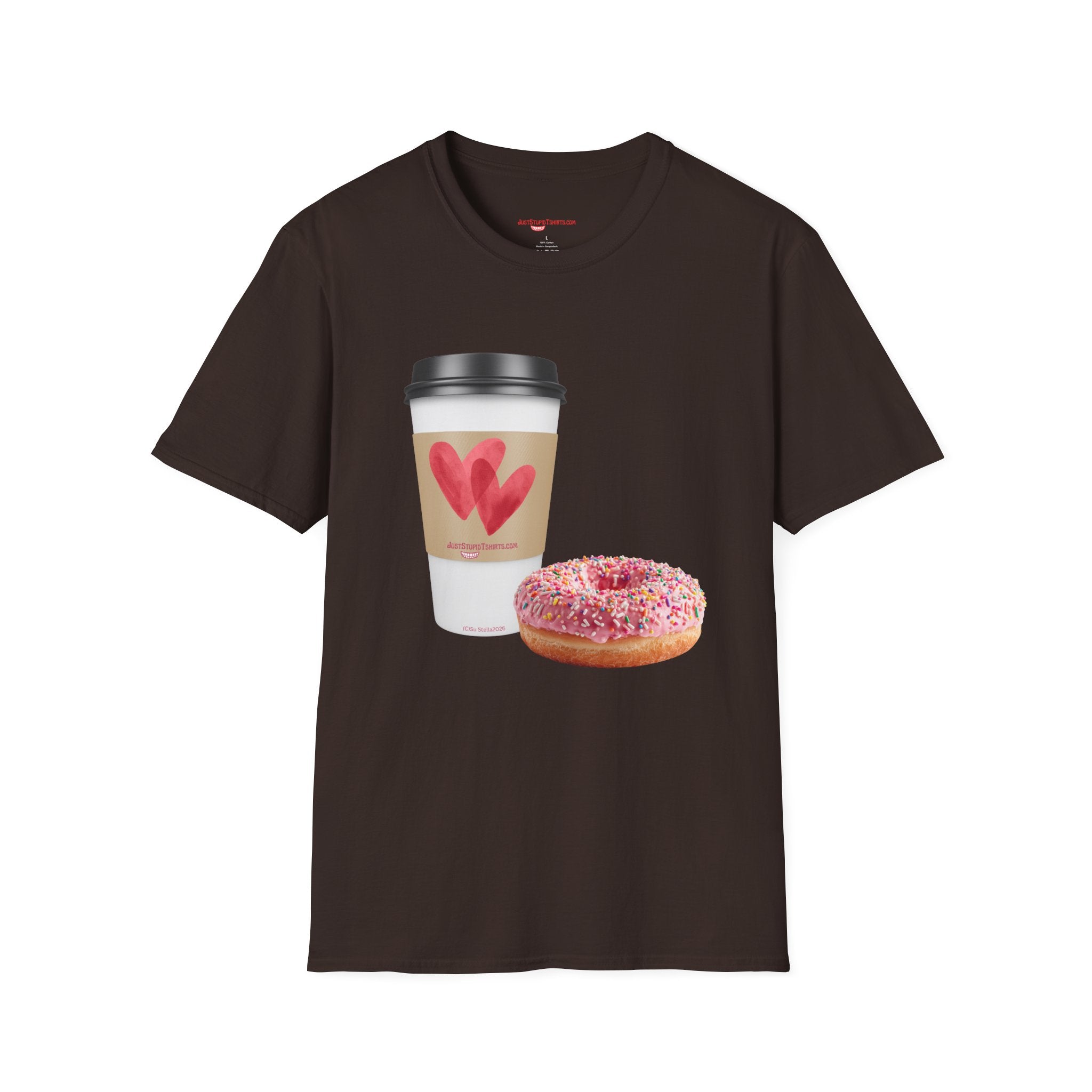 Coffee & Donut Lover T-Shirt — Cute Breakfast Graphic Tee- To Go Coffee and a Pink Donut is Love