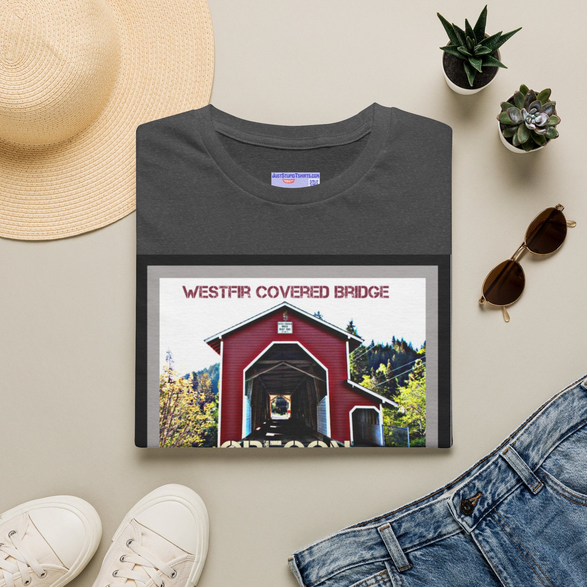 Westfir Covered Bridge Oregon T‑Shirt — Scenic Vintage Bridge Graphic Tee- Office Covered Bridge- Westfir, Oregon
