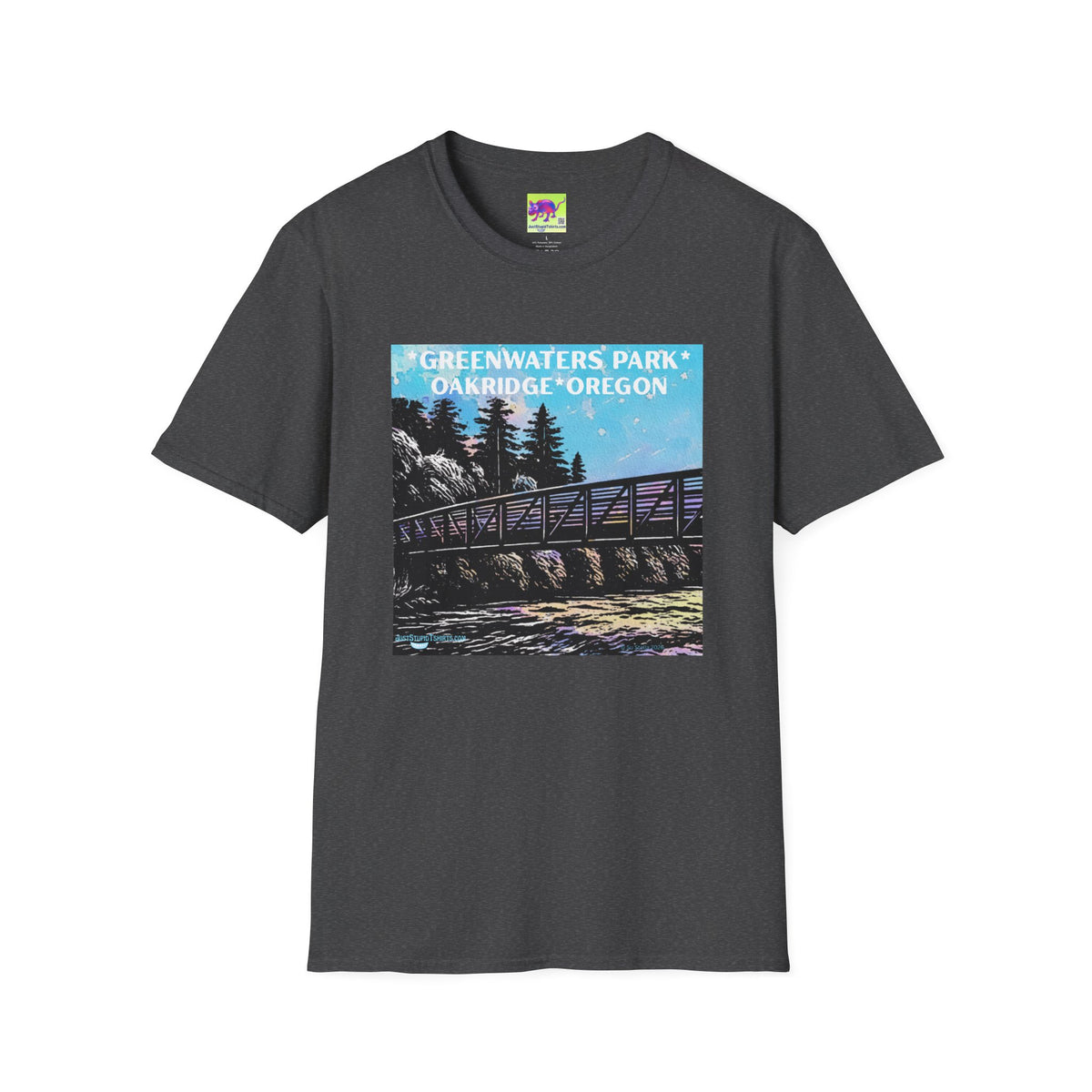 Greenwaters Park, Oakridge, Oregon -Lino cut style Unisex Soft style T-Shirt