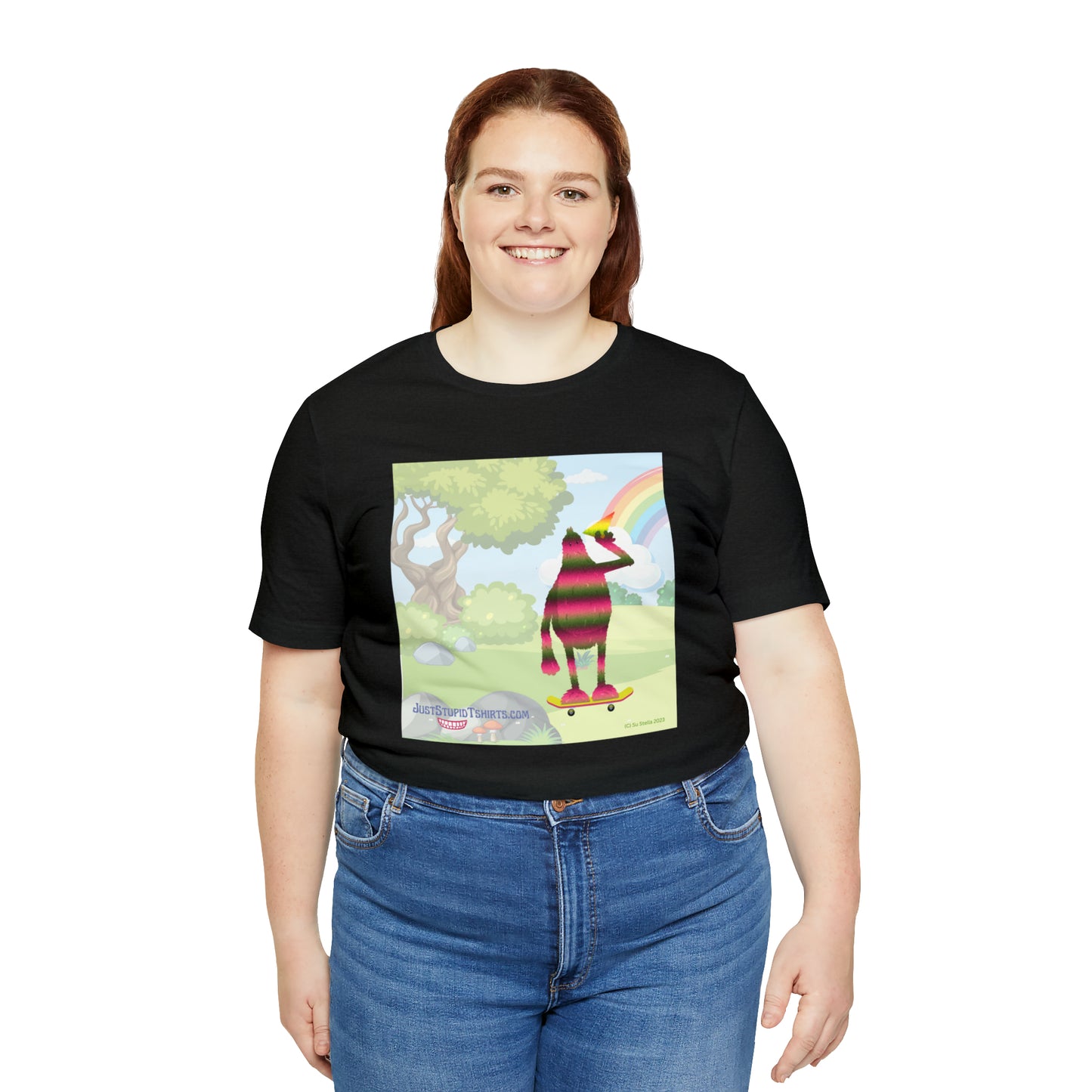 Rainbow Squatch on Skateboard- Unisex Jersey Short Sleeve Tee - Great Sasquatch gift- Yeti T Shirt, Big Foot Art