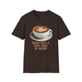 'Serve With a Juicy Piece of Gossip' Coffee Cup T‑Shirt — Funny Coffee Lover Tee