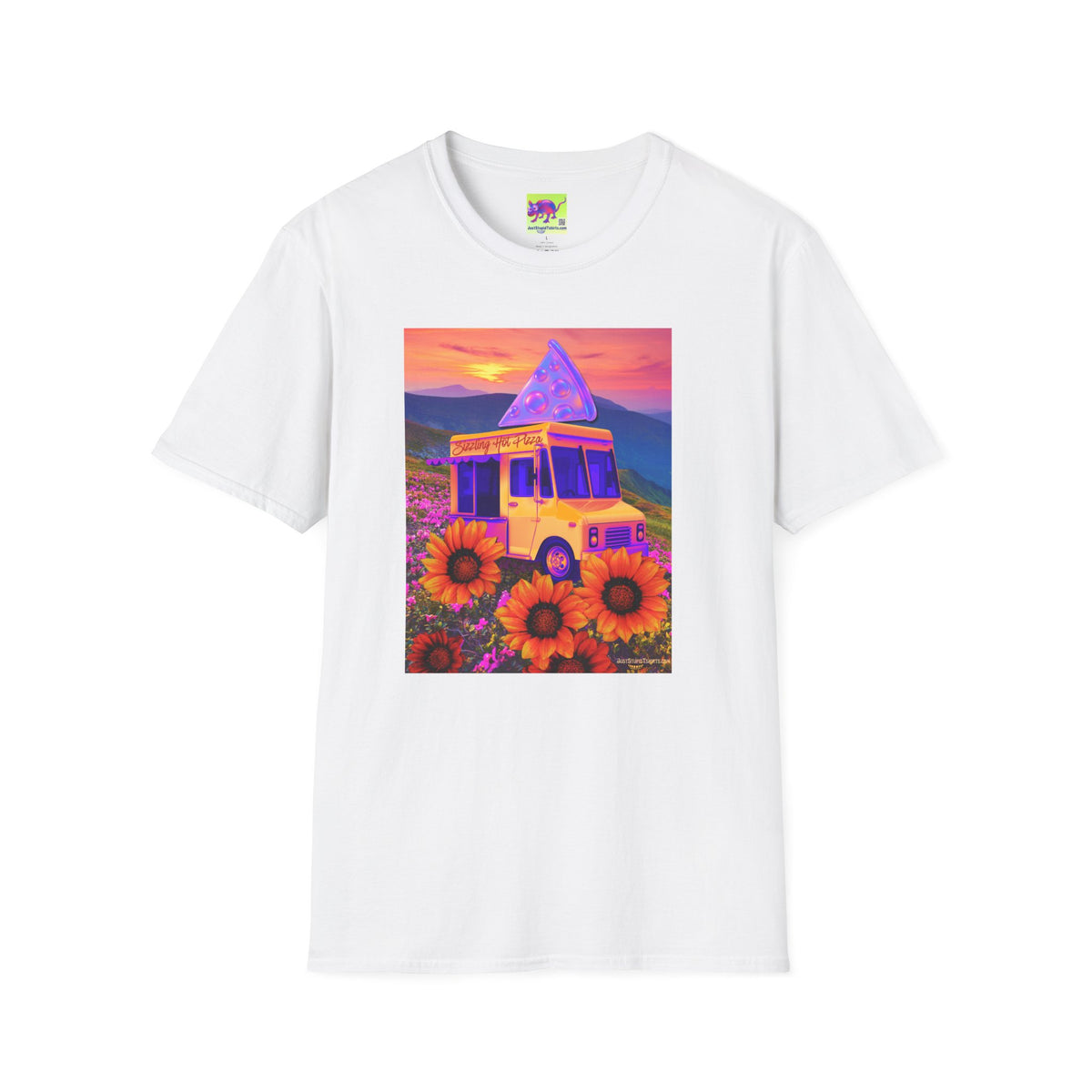 Fresh Hot Pizza Truck T-Shirt — Retro Sunset Floral Van Graphic Tee