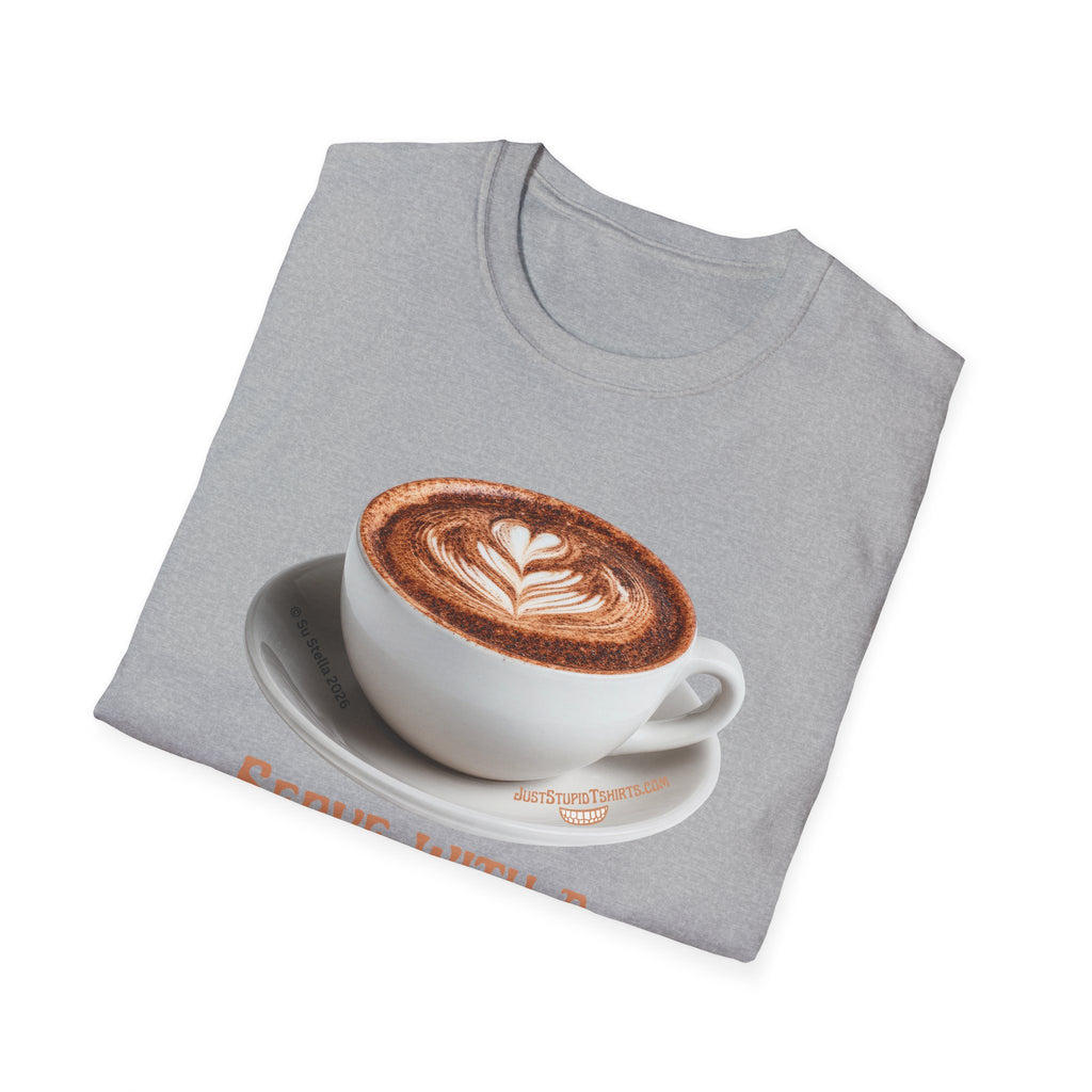 'Serve With a Juicy Piece of Gossip' Coffee Cup T‑Shirt — Funny Coffee Lover Tee