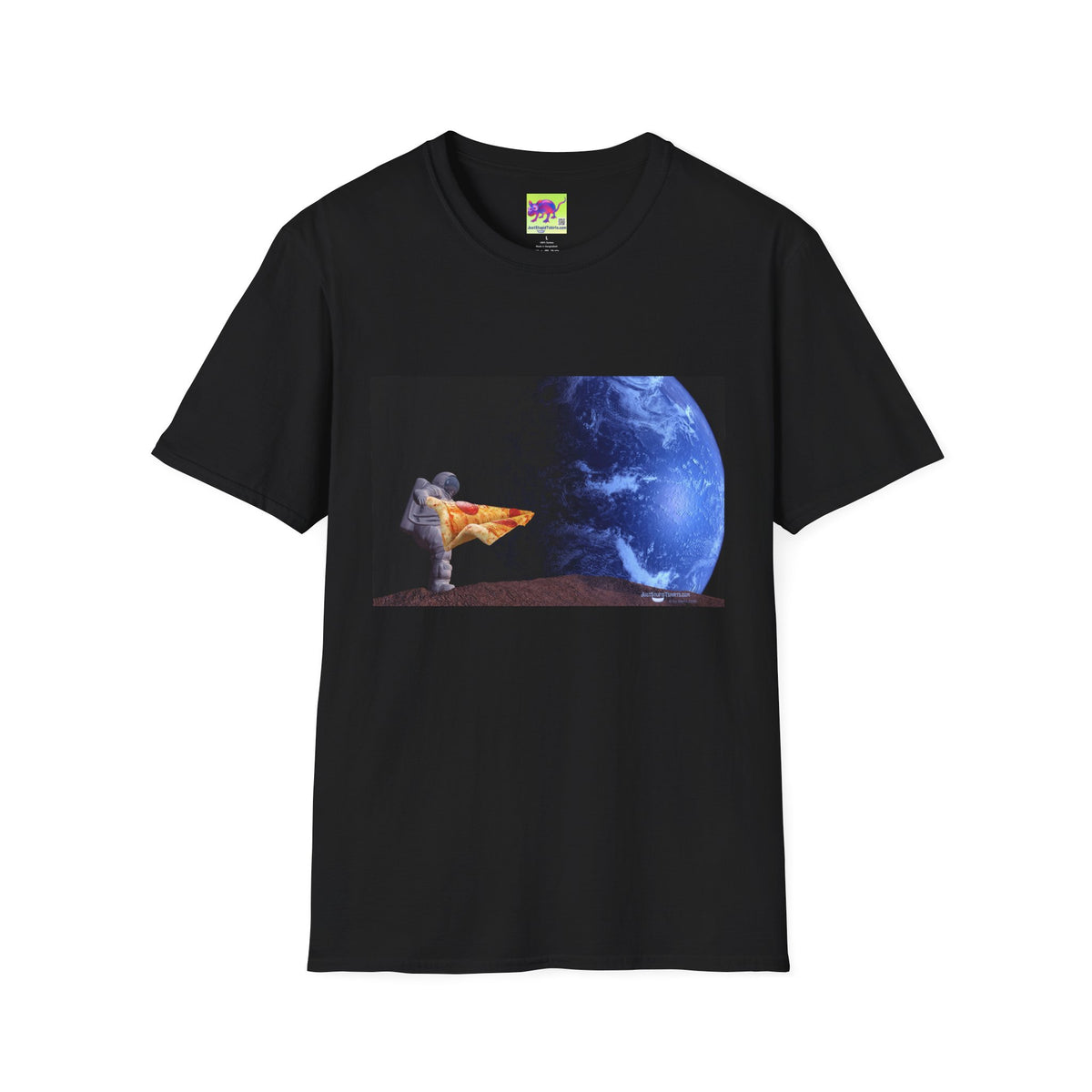 Pizza in Space Dreamer T-Shirt — Astronaut Relaxing on Planet with Earth Print