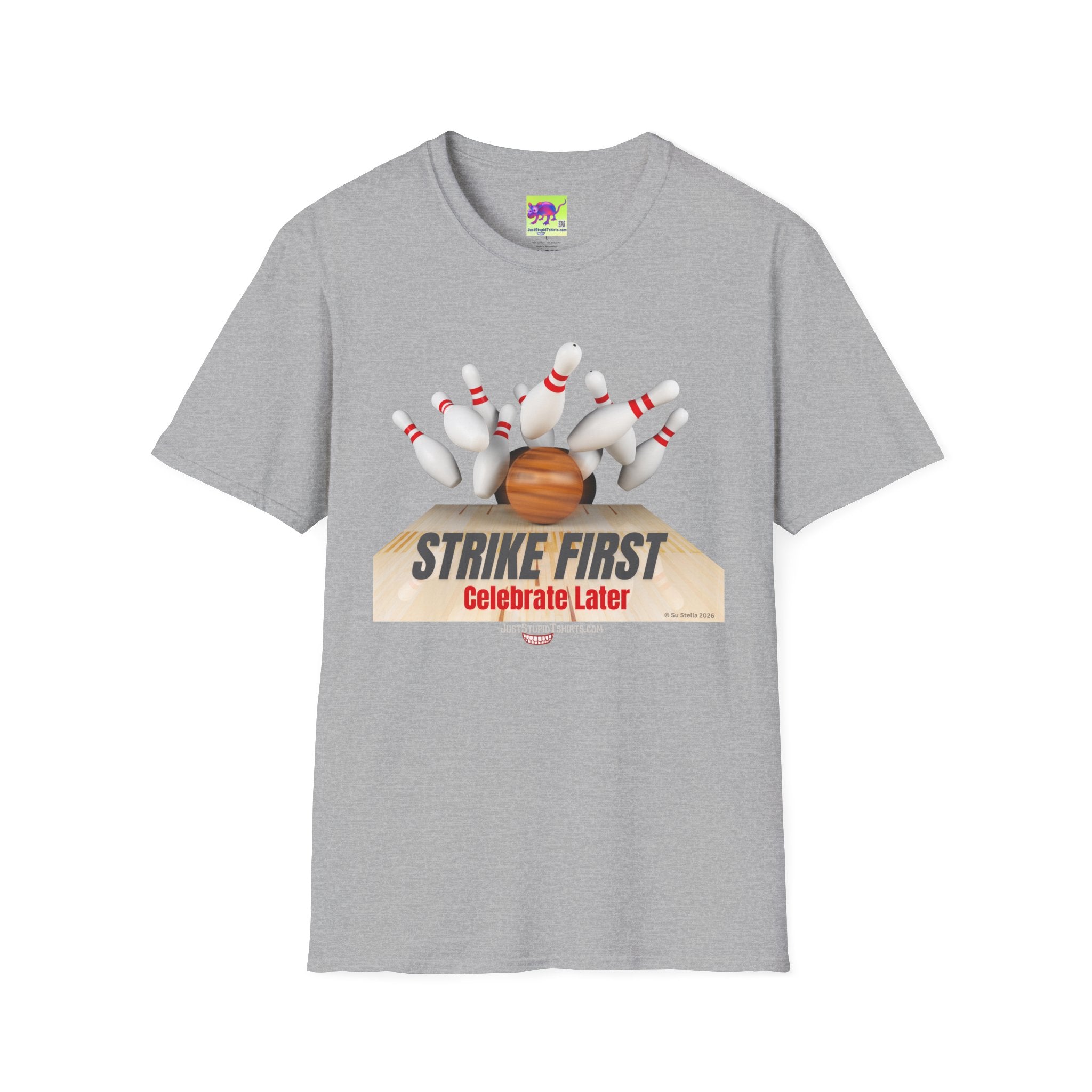 "Strike First, Celebrate Later" Bowling T-Shirt — Graphic Tee