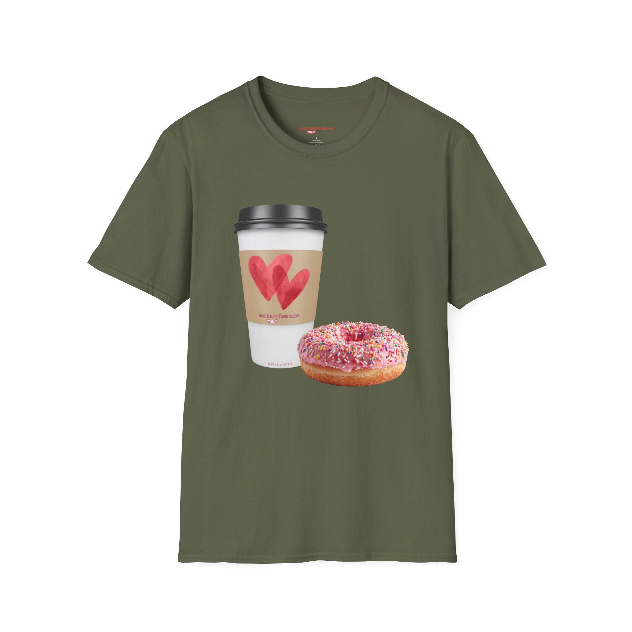Coffee & Donut Lover T-Shirt — Cute Breakfast Graphic Tee- To Go Coffee and a Pink Donut is Love