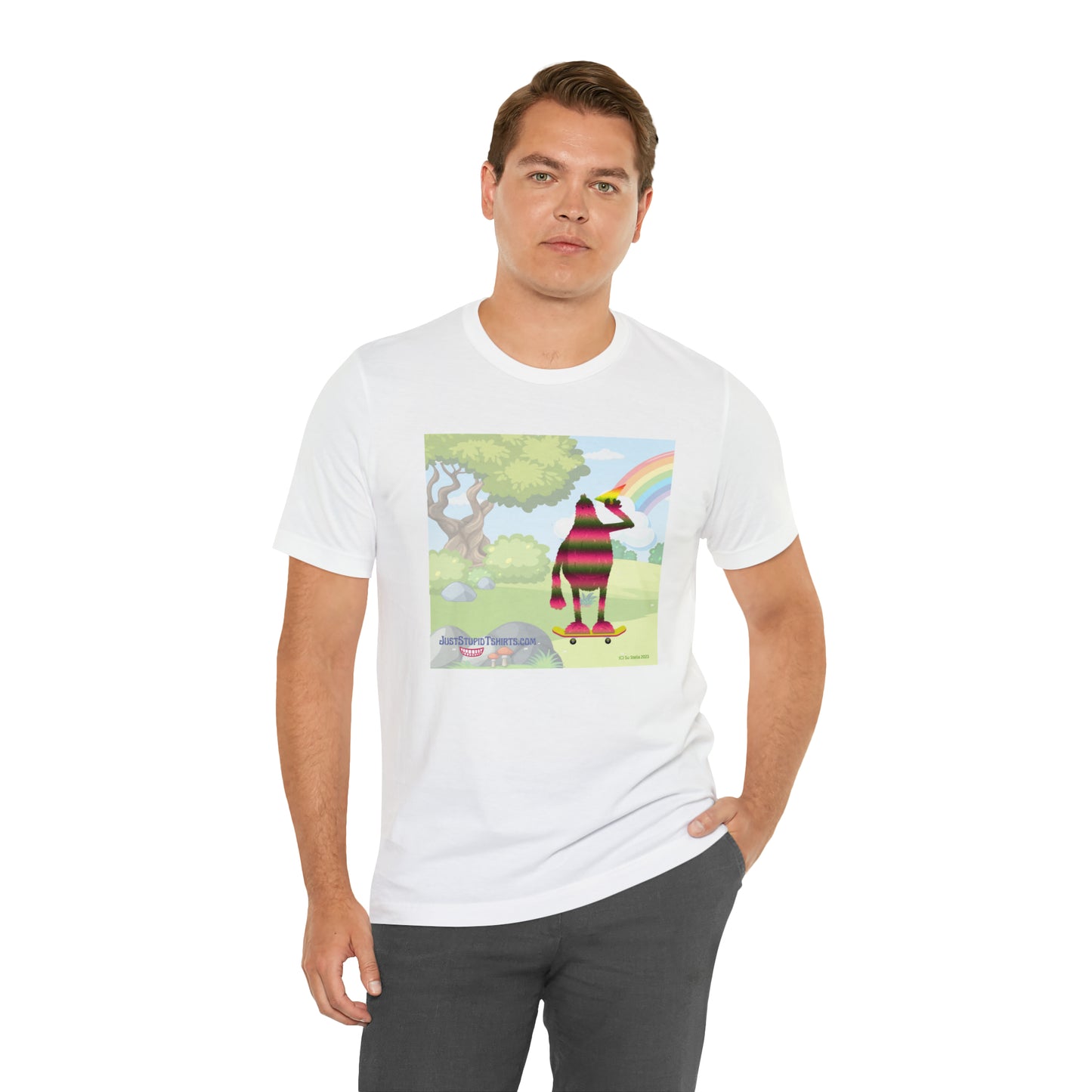 Rainbow Squatch on Skateboard- Unisex Jersey Short Sleeve Tee - Great Sasquatch gift- Yeti T Shirt, Big Foot Art