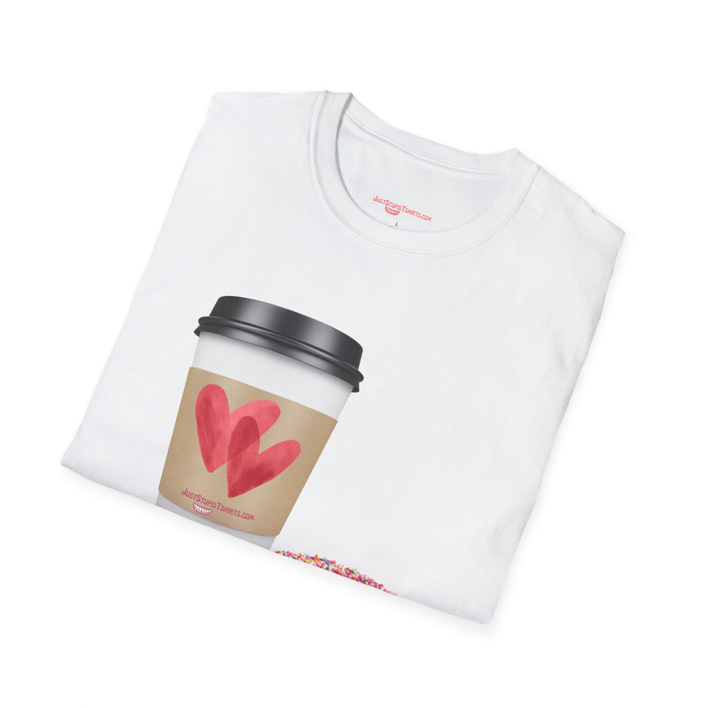 Coffee & Donut Lover T-Shirt — Cute Breakfast Graphic Tee- To Go Coffee and a Pink Donut is Love