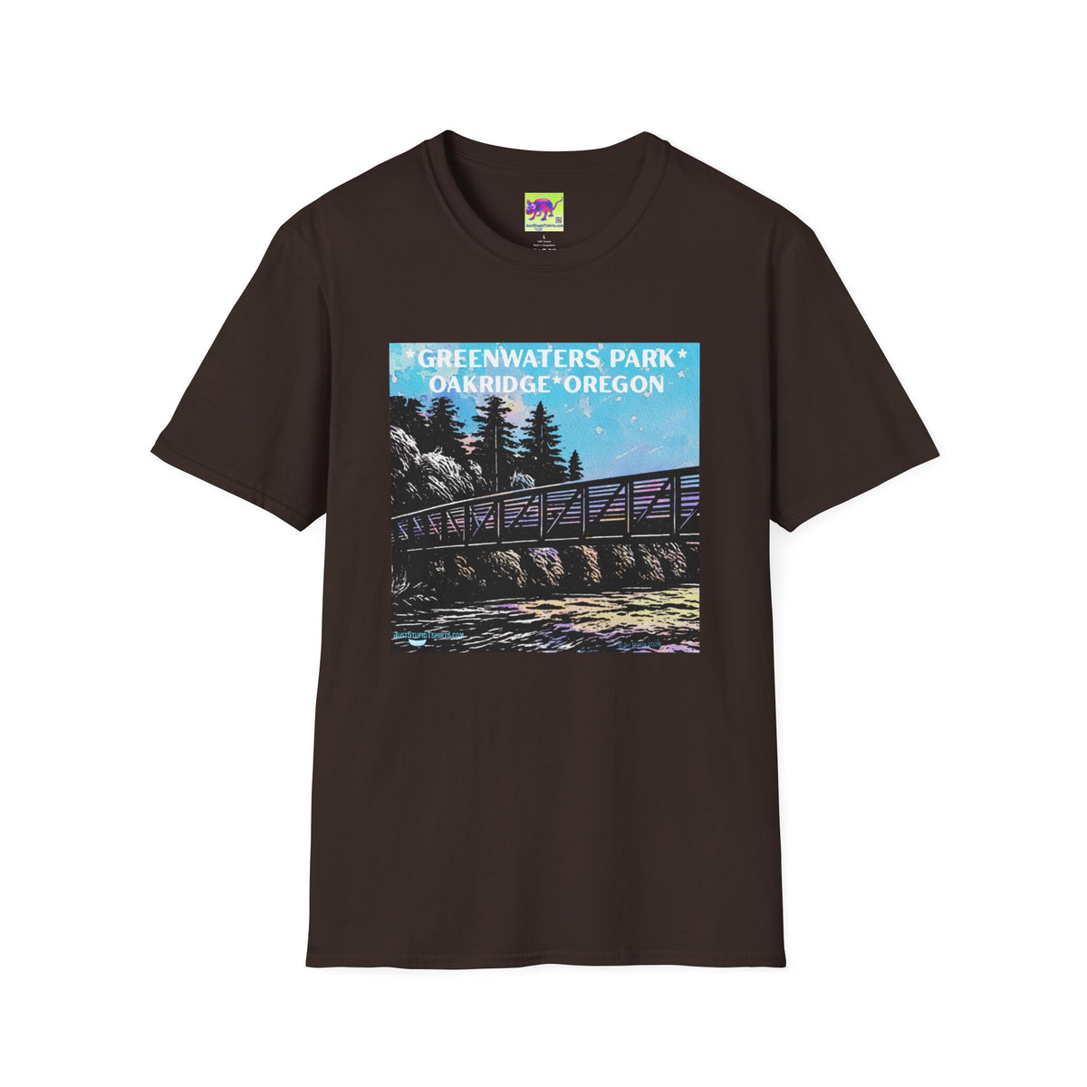 Greenwaters Park, Oakridge, Oregon -Lino cut style Unisex Soft style T-Shirt