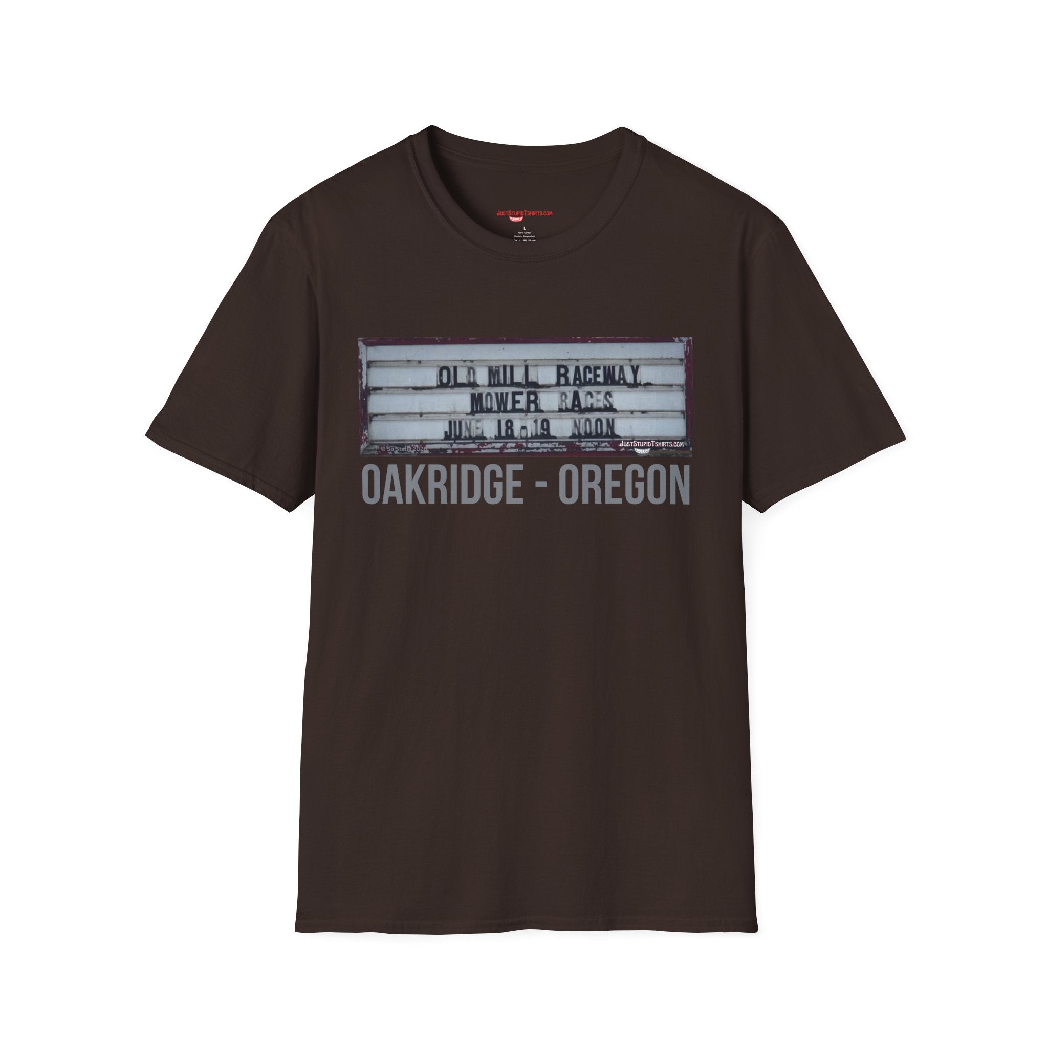Oakridge Oregon Mower Races -Sign T-Shirt — Vintage Marquee Photo Tee on Highway 58