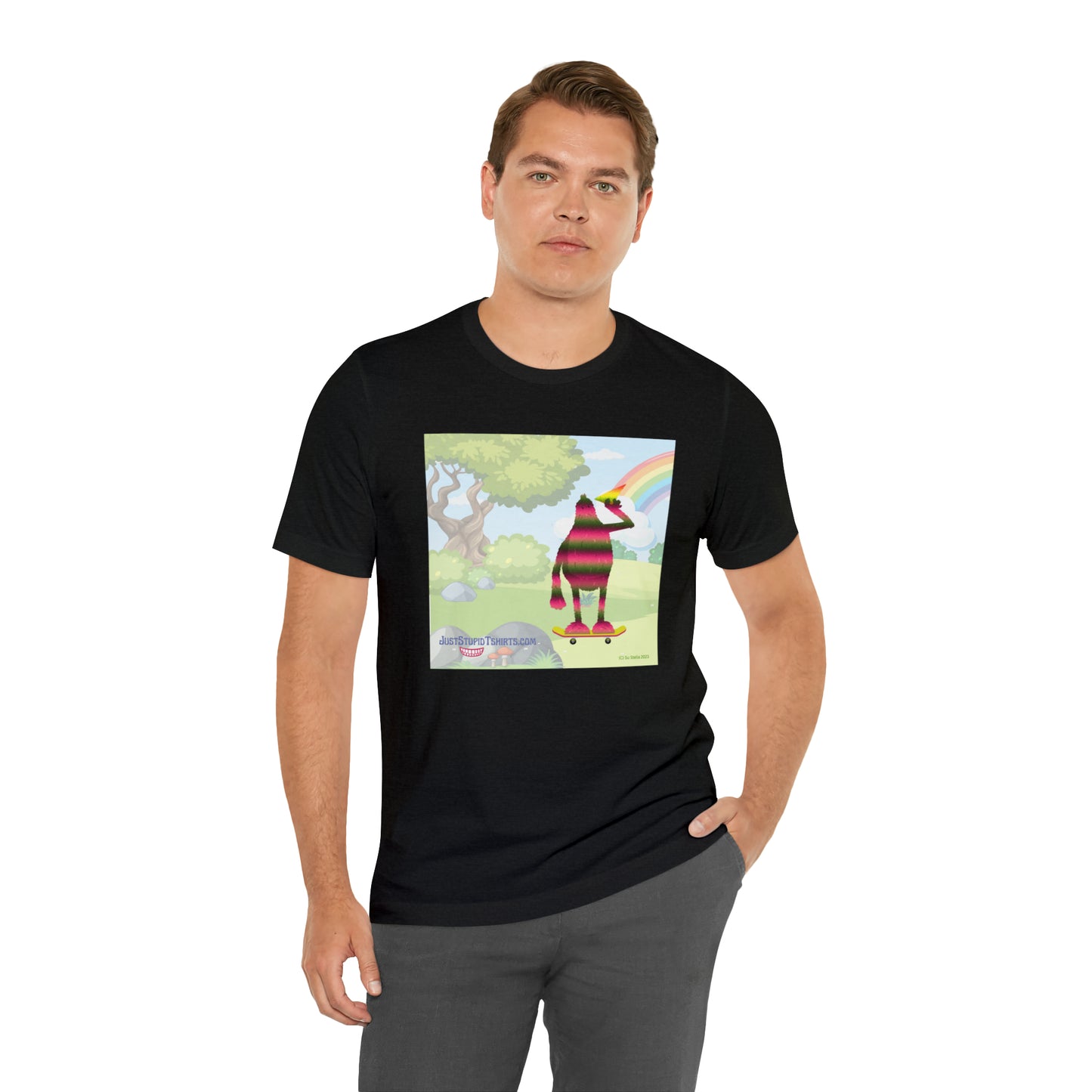 Rainbow Squatch on Skateboard- Unisex Jersey Short Sleeve Tee - Great Sasquatch gift- Yeti T Shirt, Big Foot Art