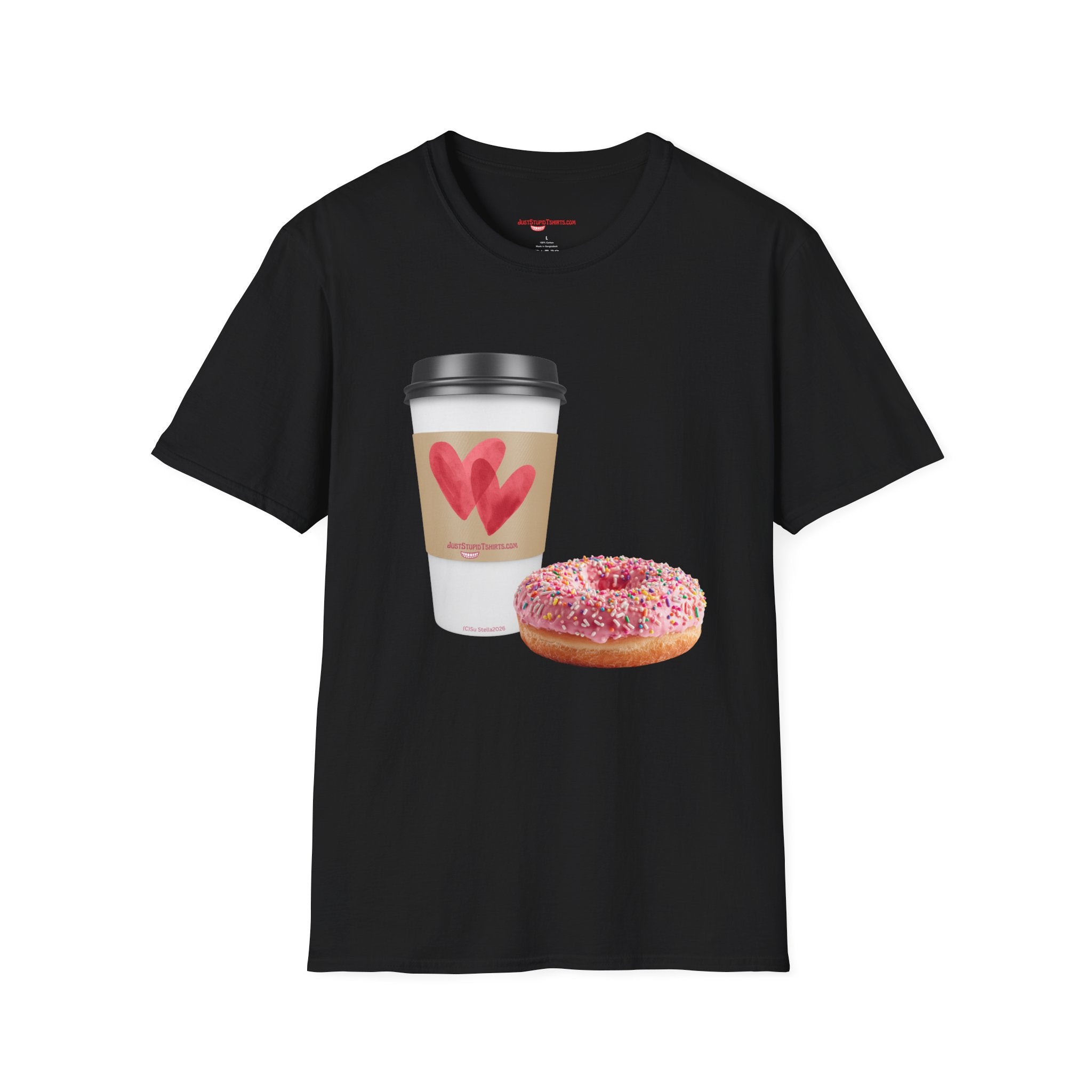 Coffee & Donut Lover T-Shirt — Cute Breakfast Graphic Tee- To Go Coffee and a Pink Donut is Love