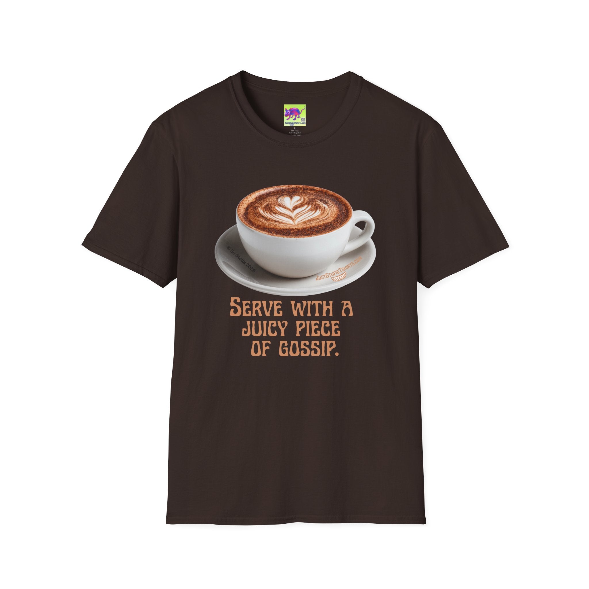 'Serve With a Juicy Piece of Gossip' Coffee Cup T‑Shirt — Funny Coffee Lover Tee