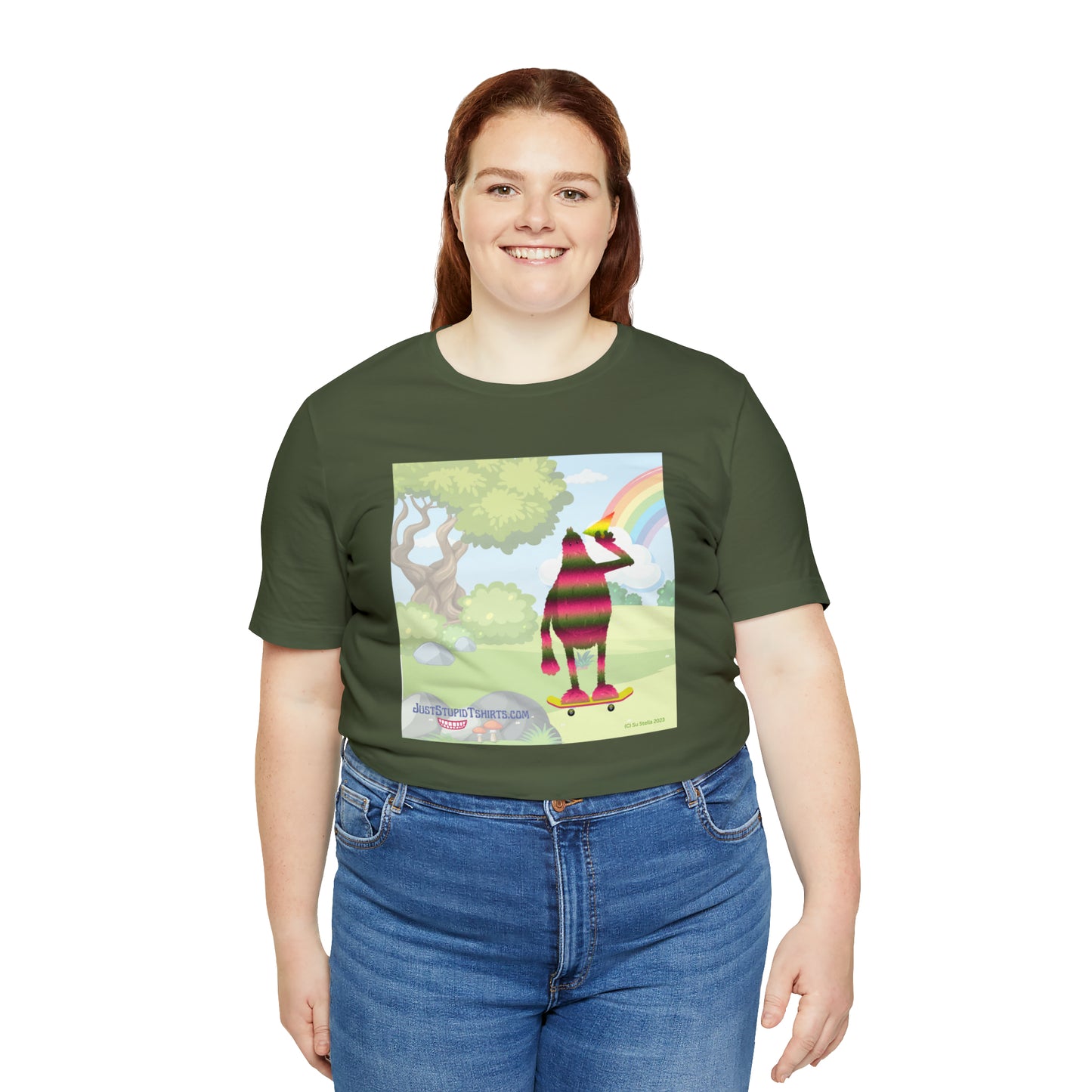 Rainbow Squatch on Skateboard- Unisex Jersey Short Sleeve Tee - Great Sasquatch gift- Yeti T Shirt, Big Foot Art