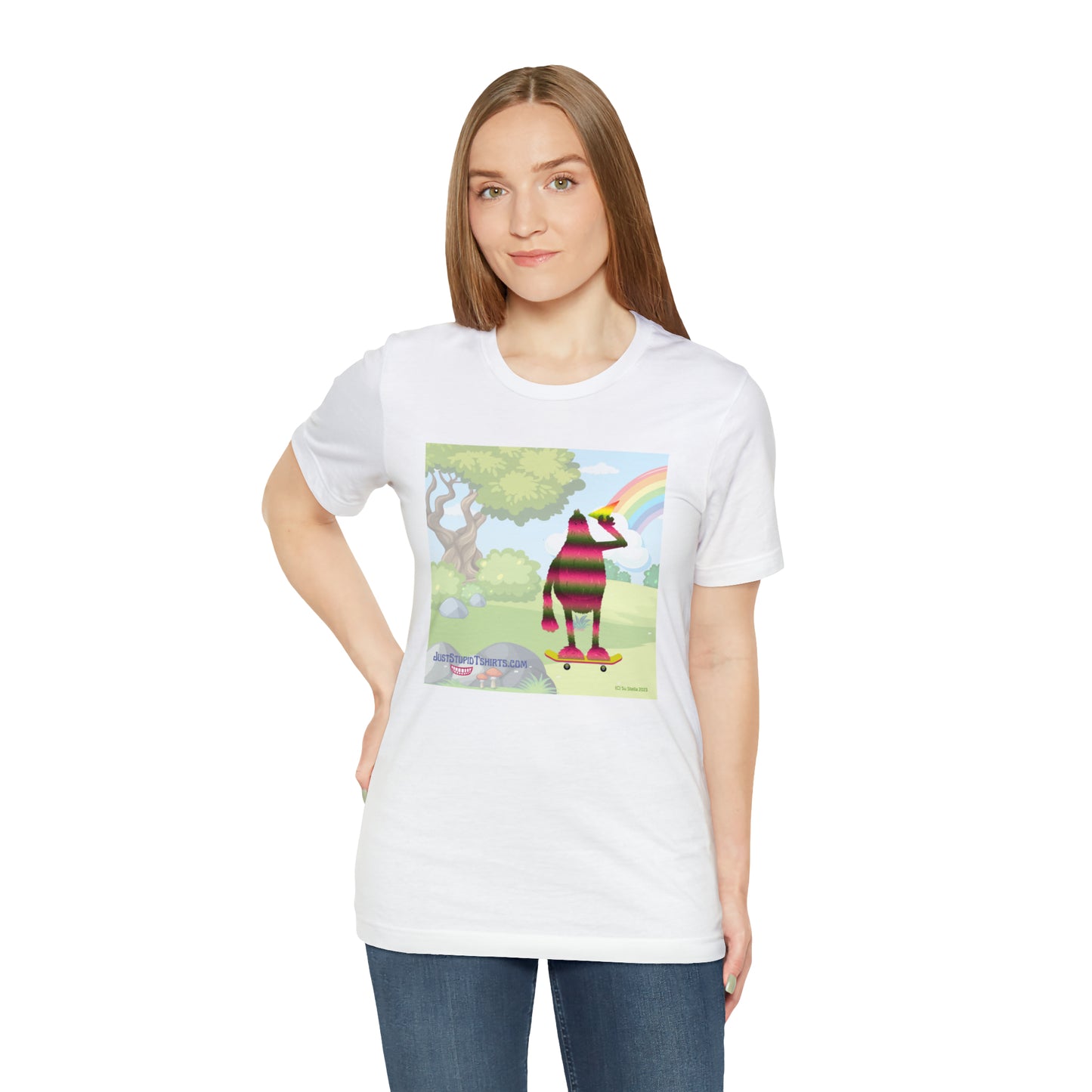 Rainbow Squatch on Skateboard- Unisex Jersey Short Sleeve Tee - Great Sasquatch gift- Yeti T Shirt, Big Foot Art