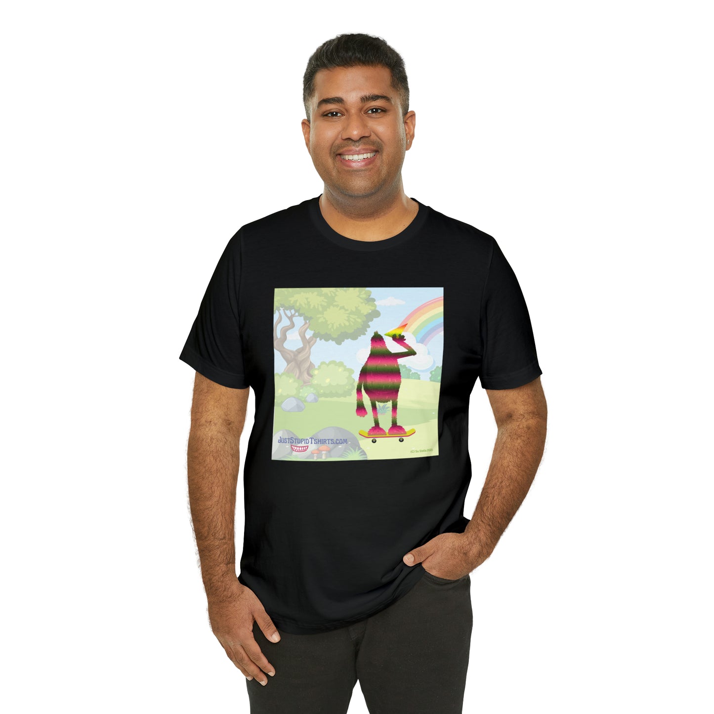 Rainbow Squatch on Skateboard- Unisex Jersey Short Sleeve Tee - Great Sasquatch gift- Yeti T Shirt, Big Foot Art