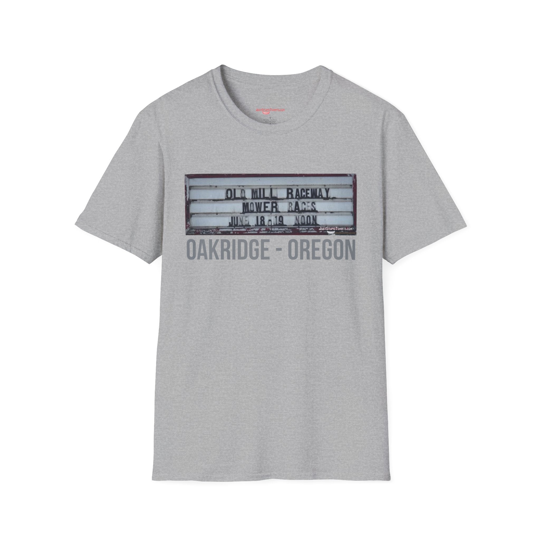 Oakridge Oregon Mower Races -Sign T-Shirt — Vintage Marquee Photo Tee on Highway 58
