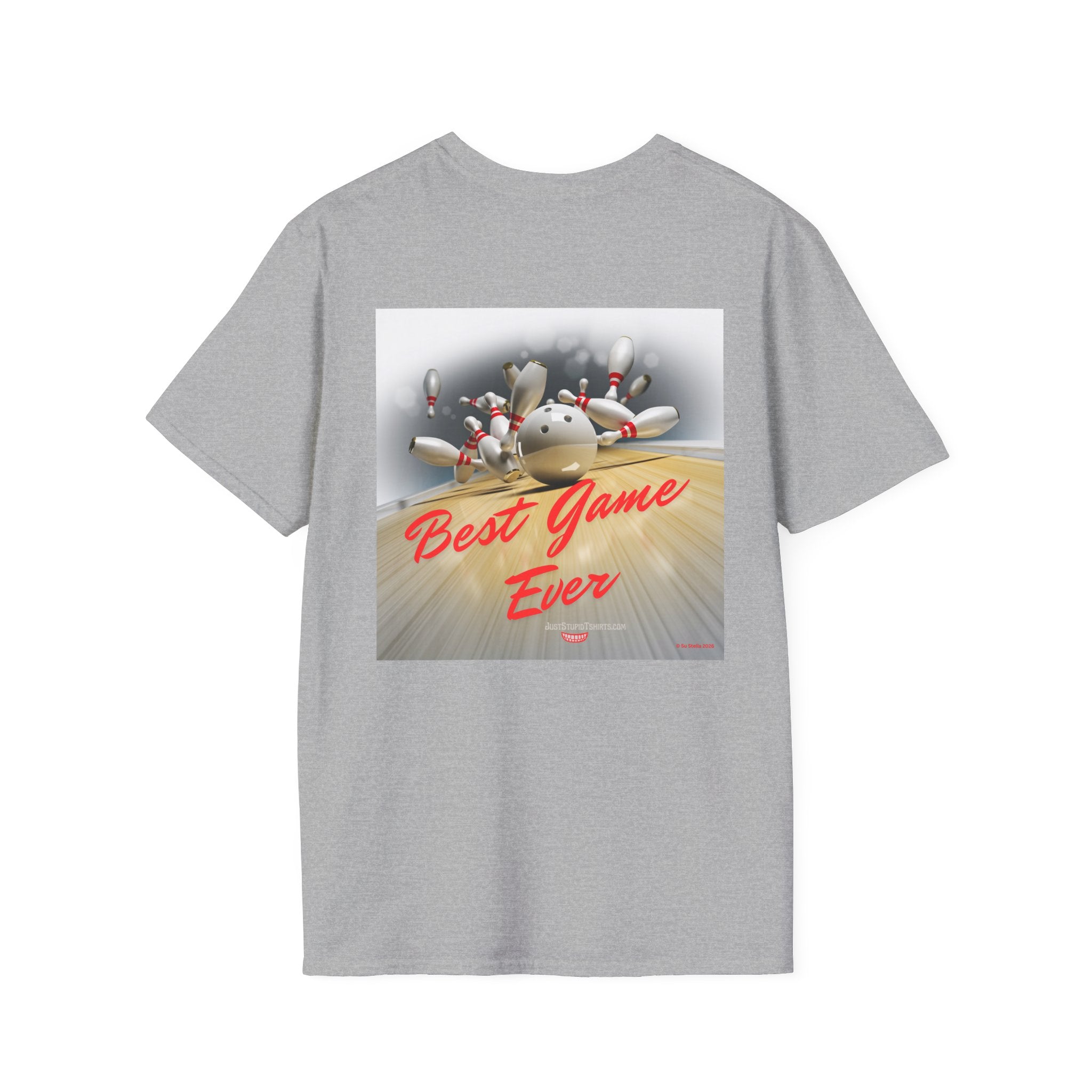 Best Game Ever Bowling T-Shirt —2 sided Retro Arcade Pocket-style Graphic Tee