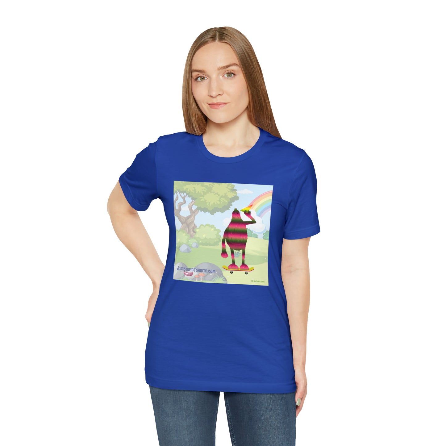 Rainbow Squatch on Skateboard- Unisex Jersey Short Sleeve Tee - Great Sasquatch gift- Yeti T Shirt, Big Foot Art