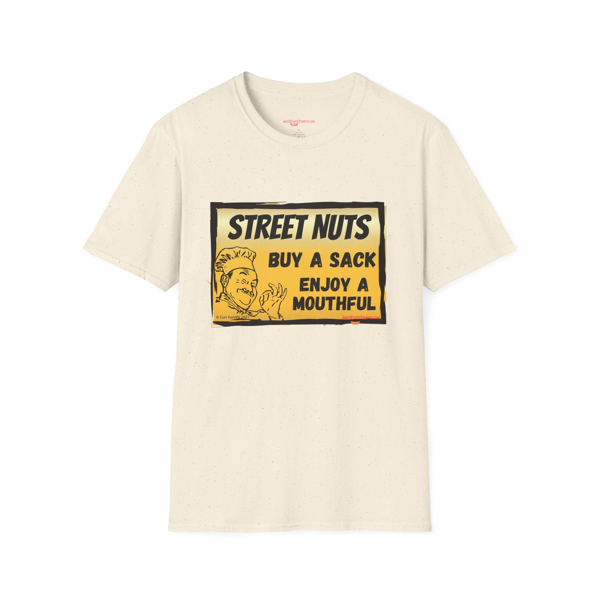 Street Nuts Vintage Snack Sign T-Shirt — "Buy a Sack, Enjoy a Mouthful" Retro Graphic Tee- grad gift, dad gift, fathers day laugh