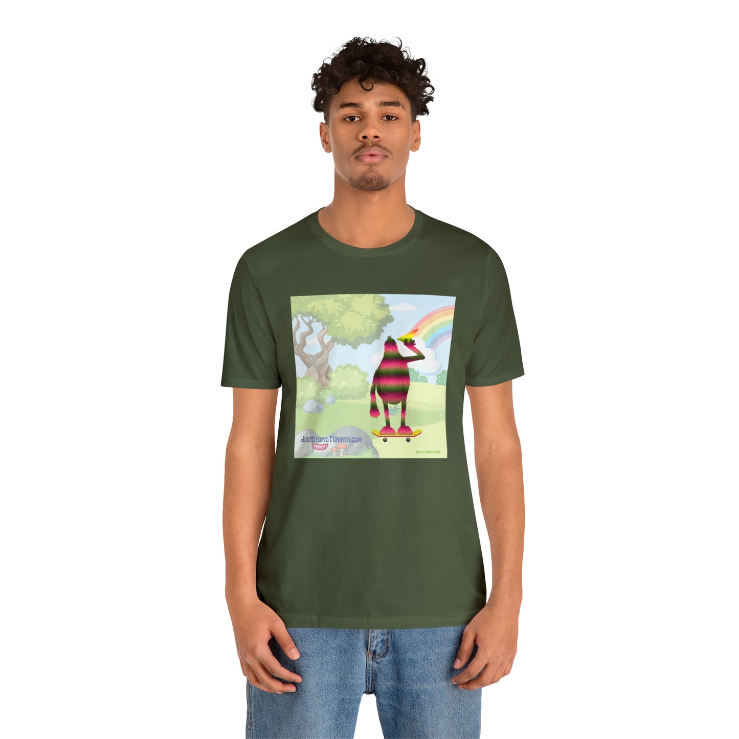 Rainbow Squatch on Skateboard- Unisex Jersey Short Sleeve Tee - Great Sasquatch gift- Yeti T Shirt, Big Foot Art