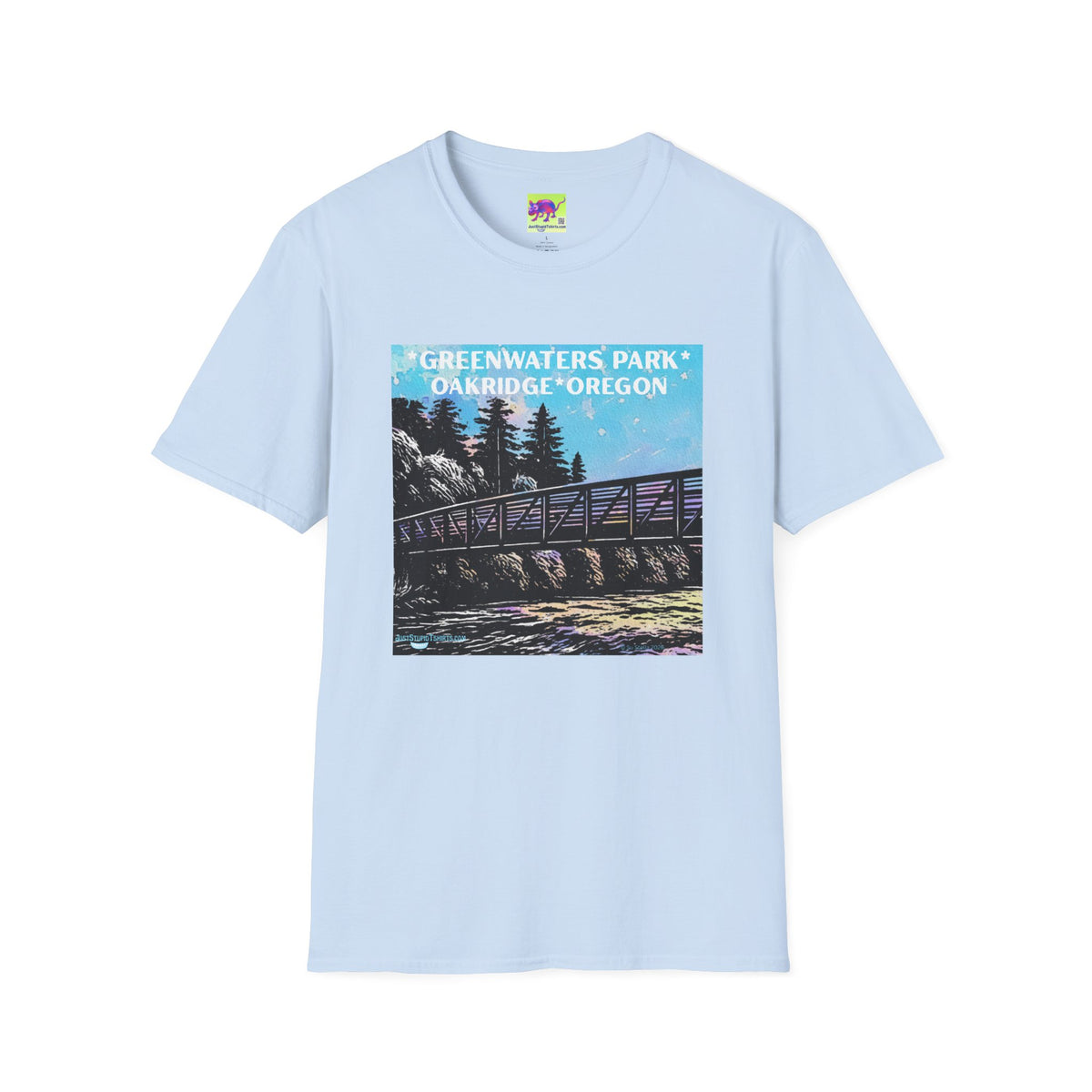 Greenwaters Park, Oakridge, Oregon -Lino cut style Unisex Soft style T-Shirt
