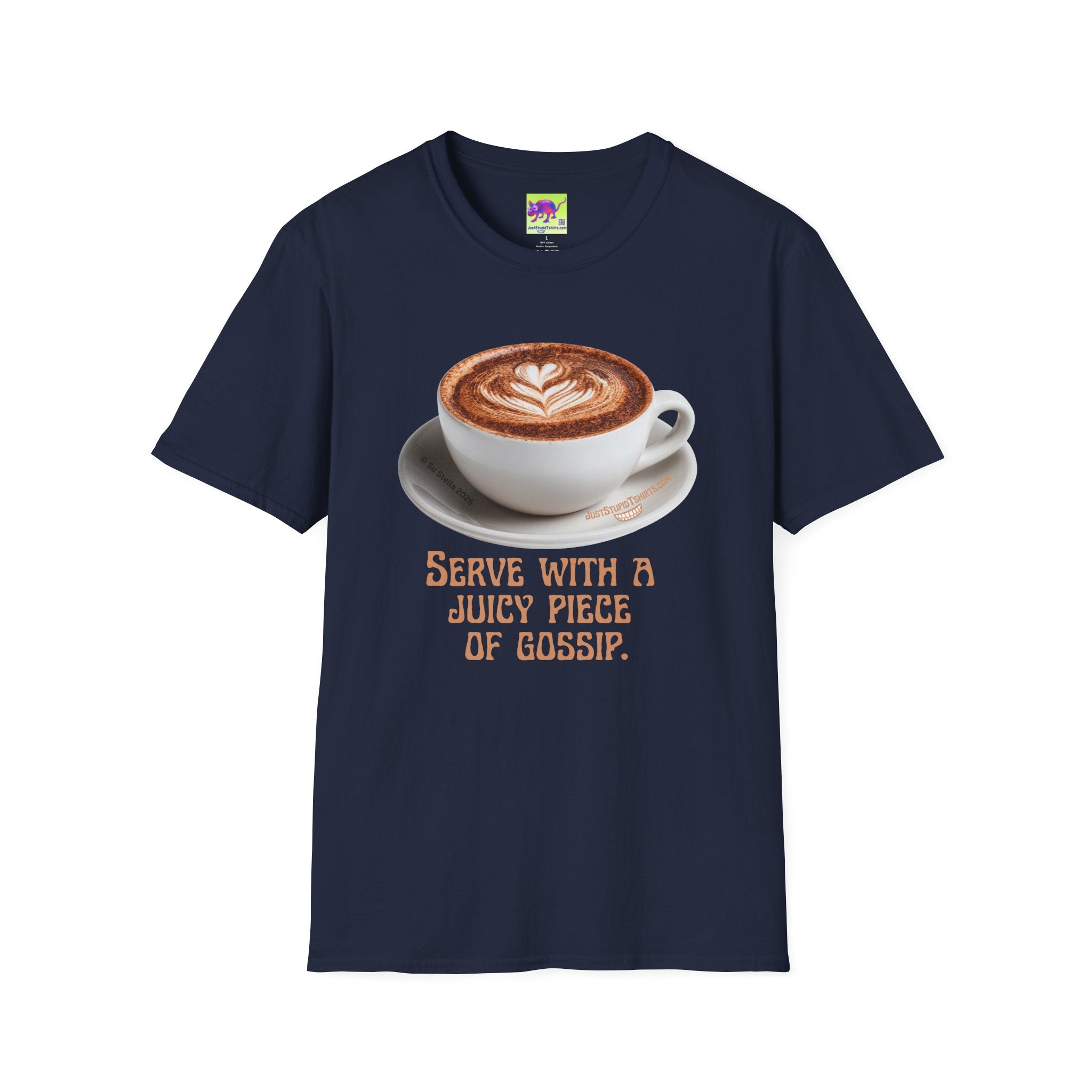 'Serve With a Juicy Piece of Gossip' Coffee Cup T‑Shirt — Funny Coffee Lover Tee