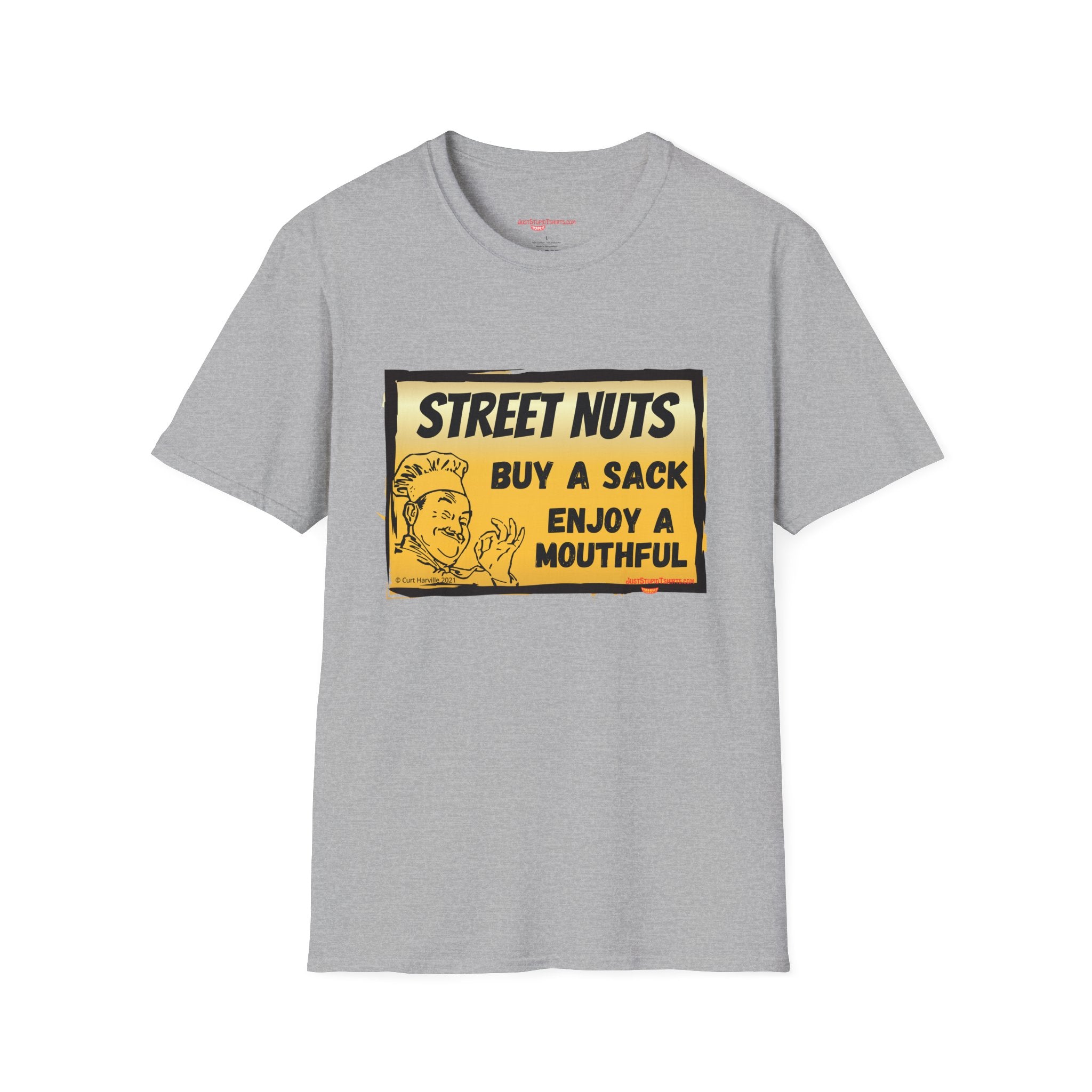 Street Nuts Vintage Snack Sign T-Shirt — "Buy a Sack, Enjoy a Mouthful" Retro Graphic Tee- grad gift, dad gift, fathers day laugh