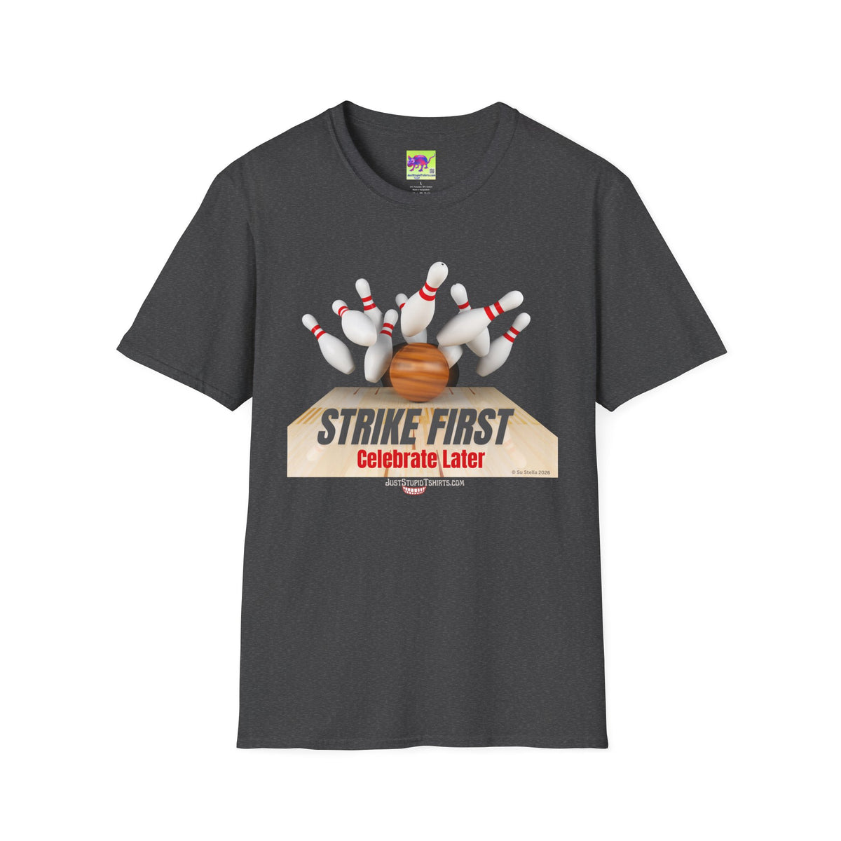 Strike First - Celebrate Later -  Retro Alley Graphic Tee- Bowler Gift, Bowling Shirt, League Night Shirt
