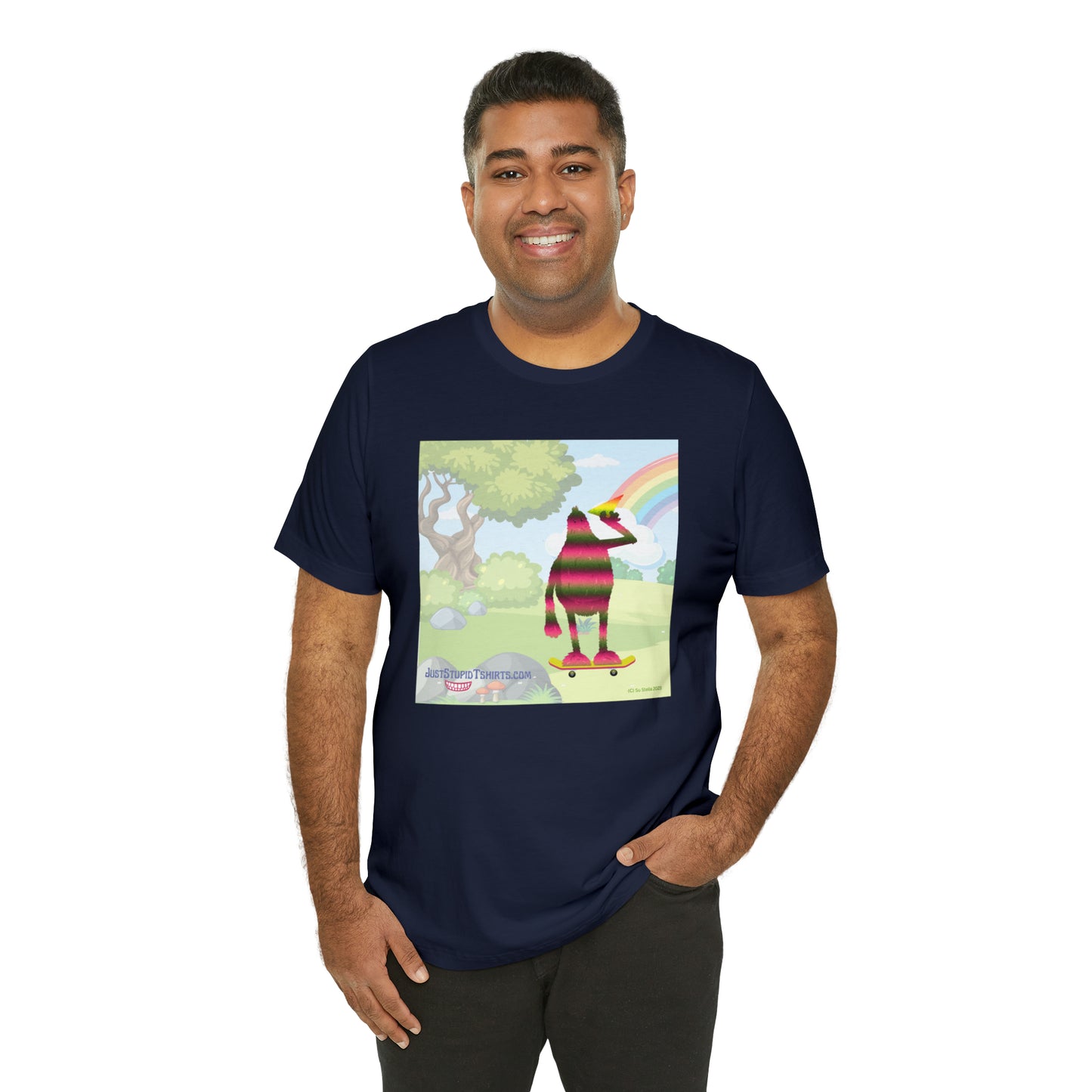 Rainbow Squatch on Skateboard- Unisex Jersey Short Sleeve Tee - Great Sasquatch gift- Yeti T Shirt, Big Foot Art