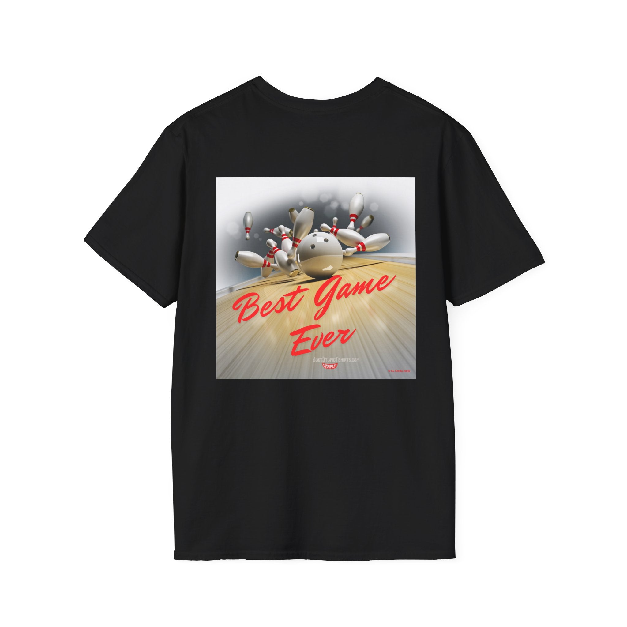 Best Game Ever Bowling T-Shirt —2 sided Retro Arcade Pocket-style Graphic Tee