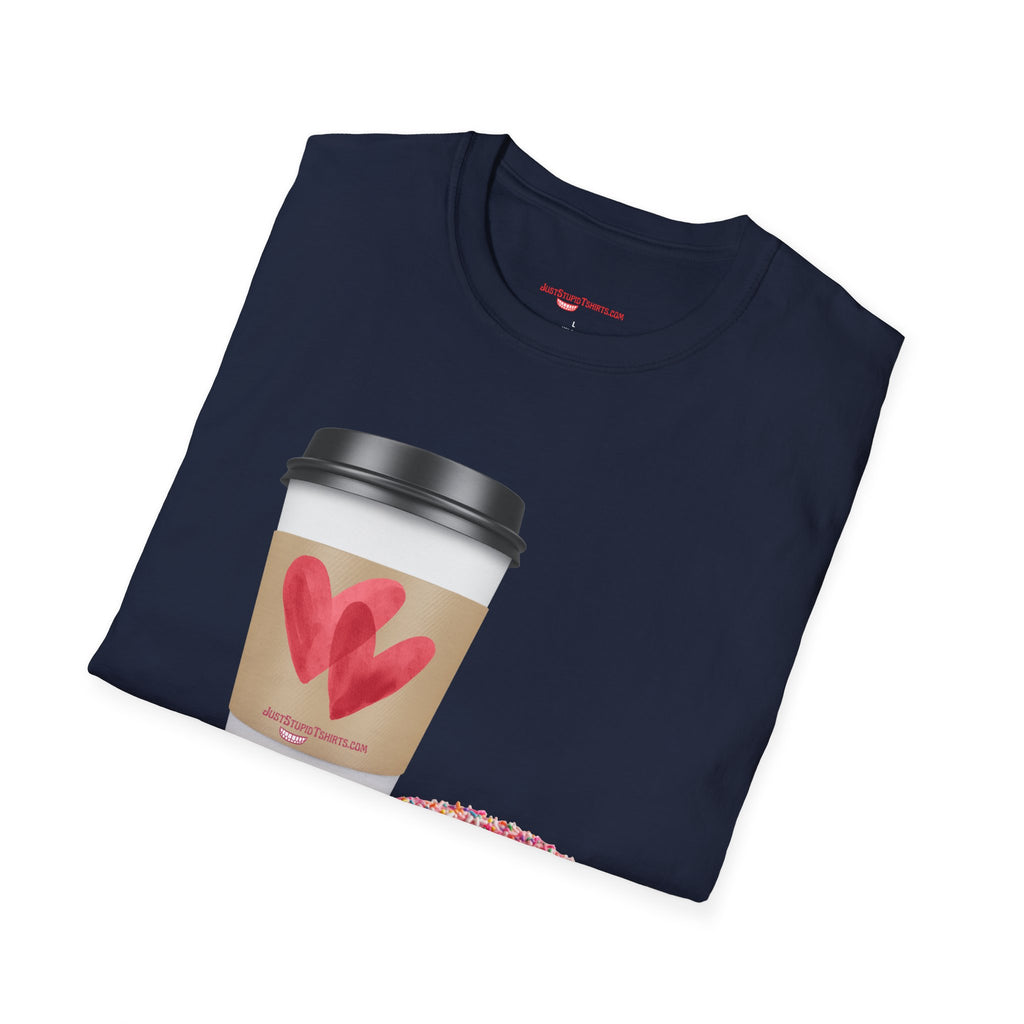 Coffee & Donut Lover T-Shirt — Cute Breakfast Graphic Tee- To Go Coffee and a Pink Donut is Love