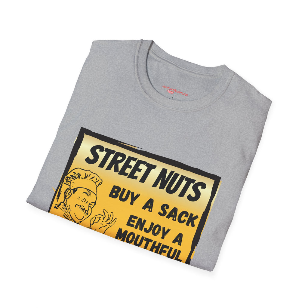 Street Nuts Vintage Snack Sign T-Shirt — "Buy a Sack, Enjoy a Mouthful" Retro Graphic Tee- grad gift, dad gift, fathers day laugh