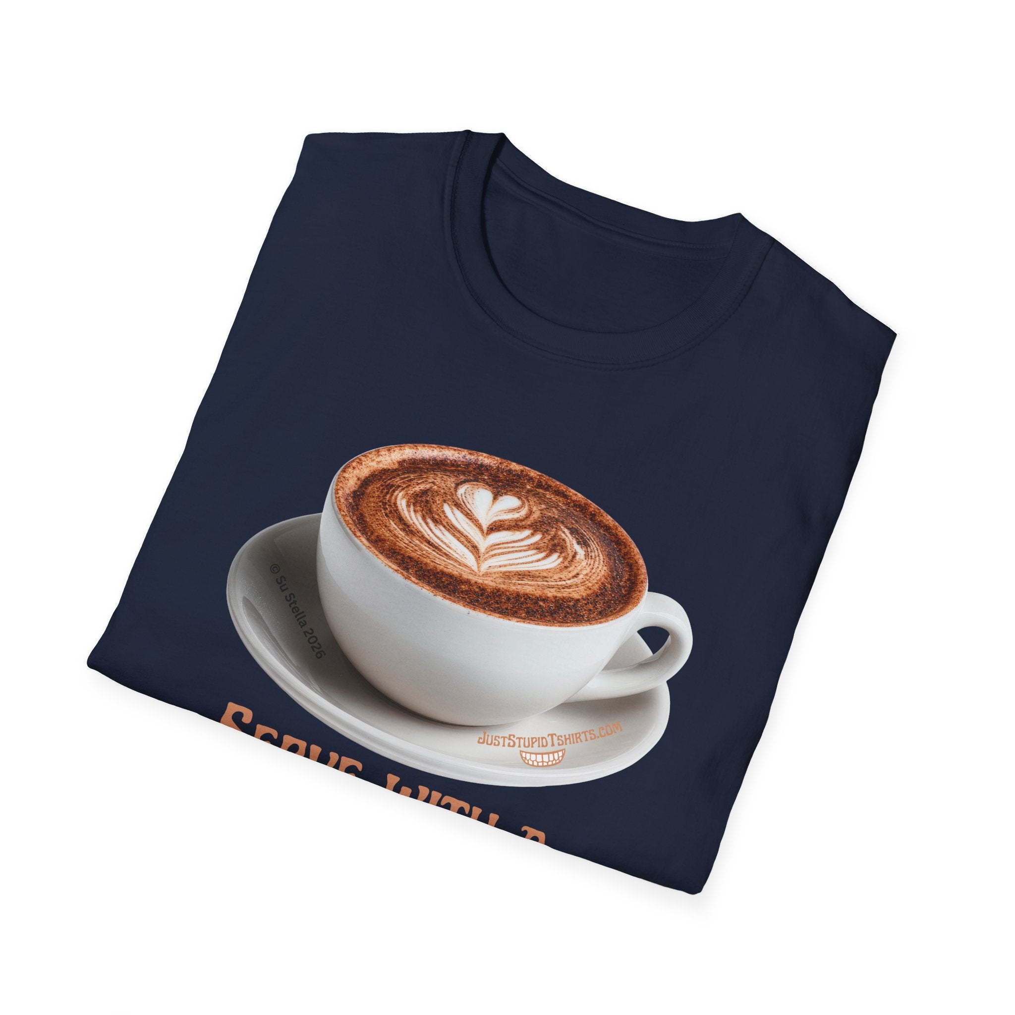 'Serve With a Juicy Piece of Gossip' Coffee Cup T‑Shirt — Funny Coffee Lover Tee