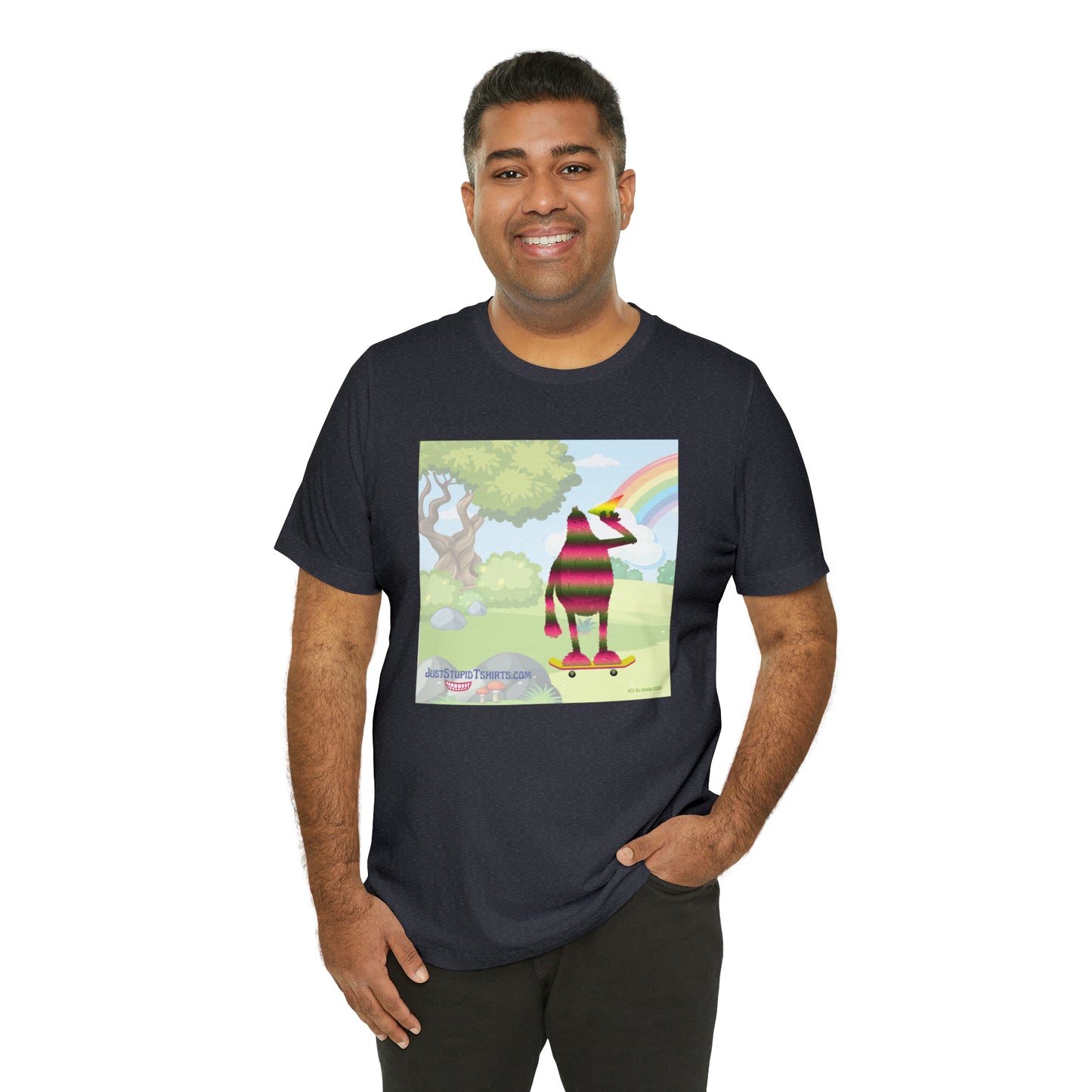 Rainbow Squatch on Skateboard- Unisex Jersey Short Sleeve Tee - Great Sasquatch gift- Yeti T Shirt, Big Foot Art