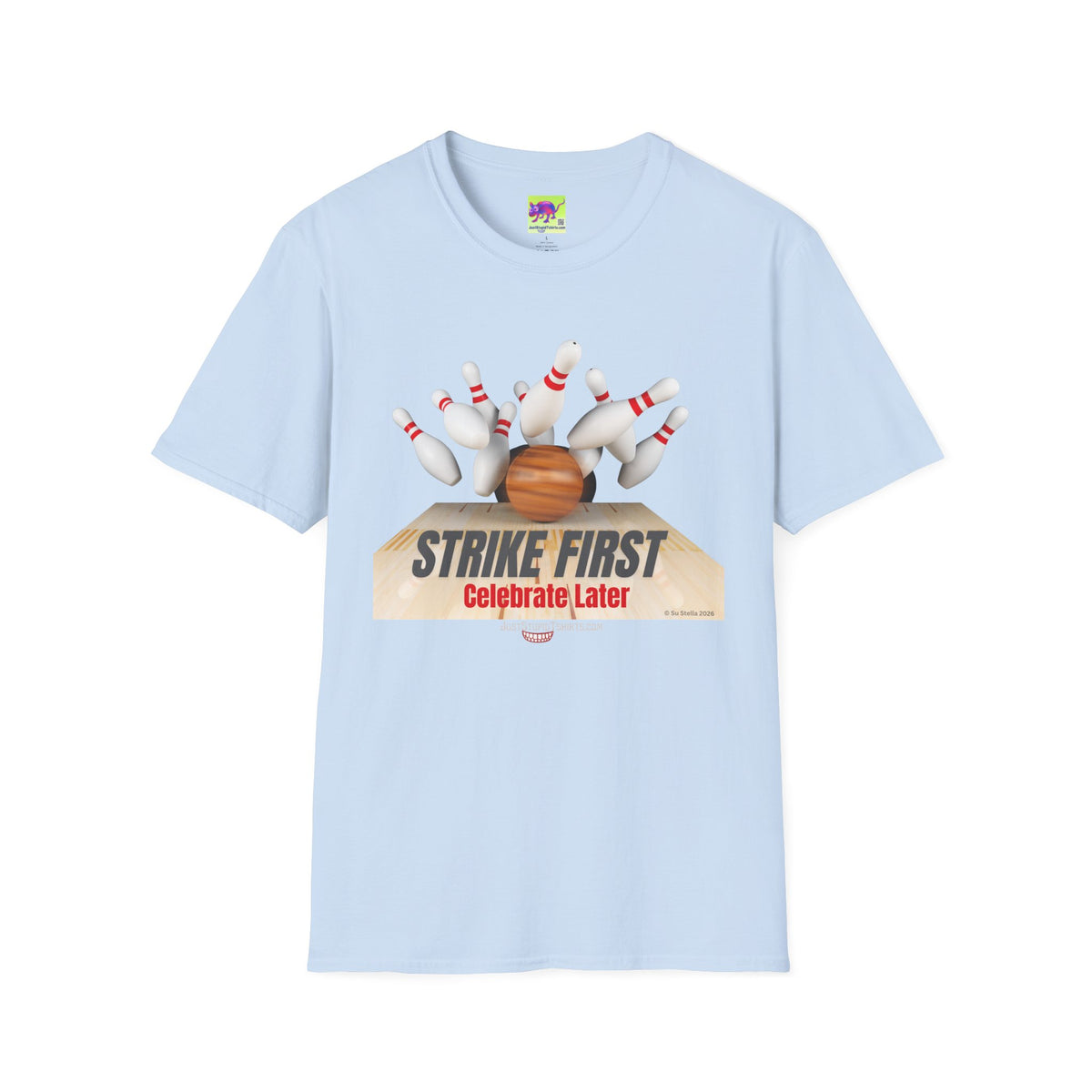 Strike First - Celebrate Later -  Retro Alley Graphic Tee- Bowler Gift, Bowling Shirt, League Night Shirt